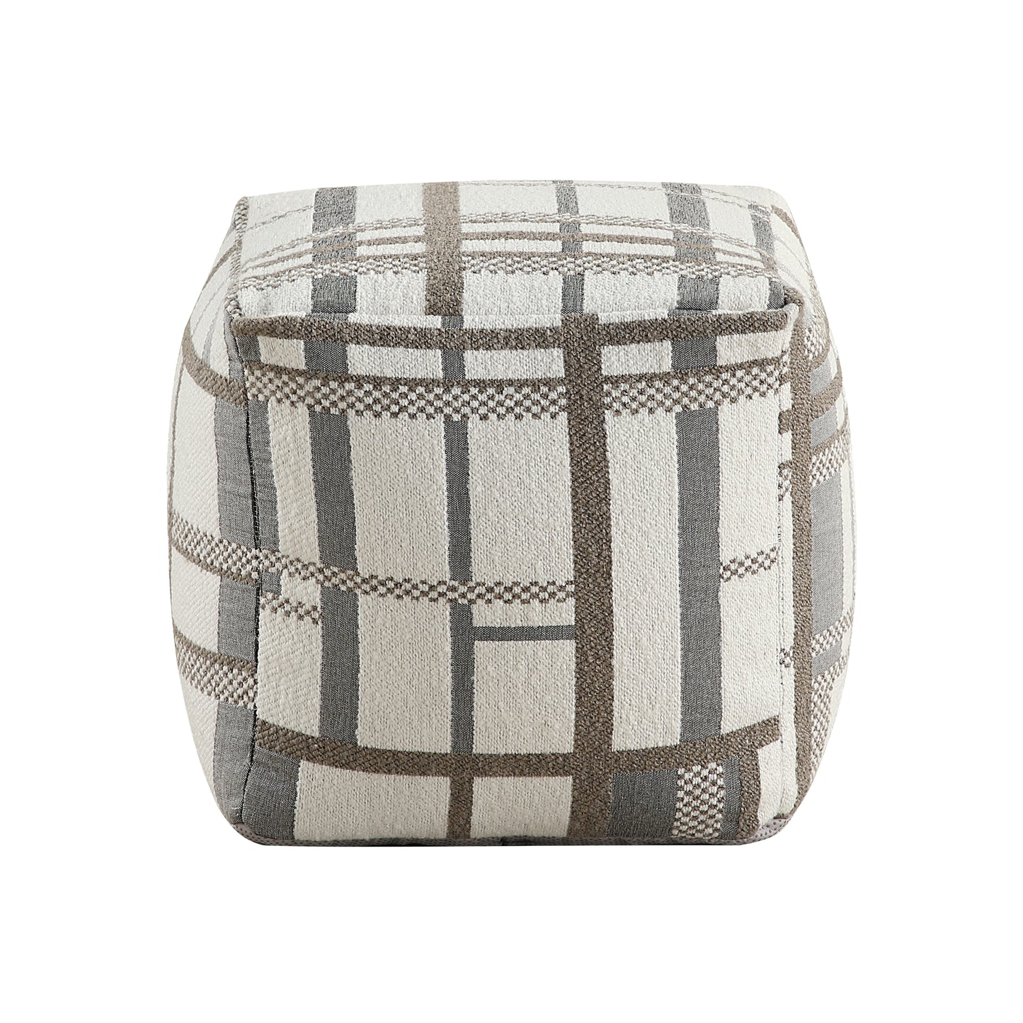 Textured fabric ottoman with a beige and gray plaid pattern perfect for footrests