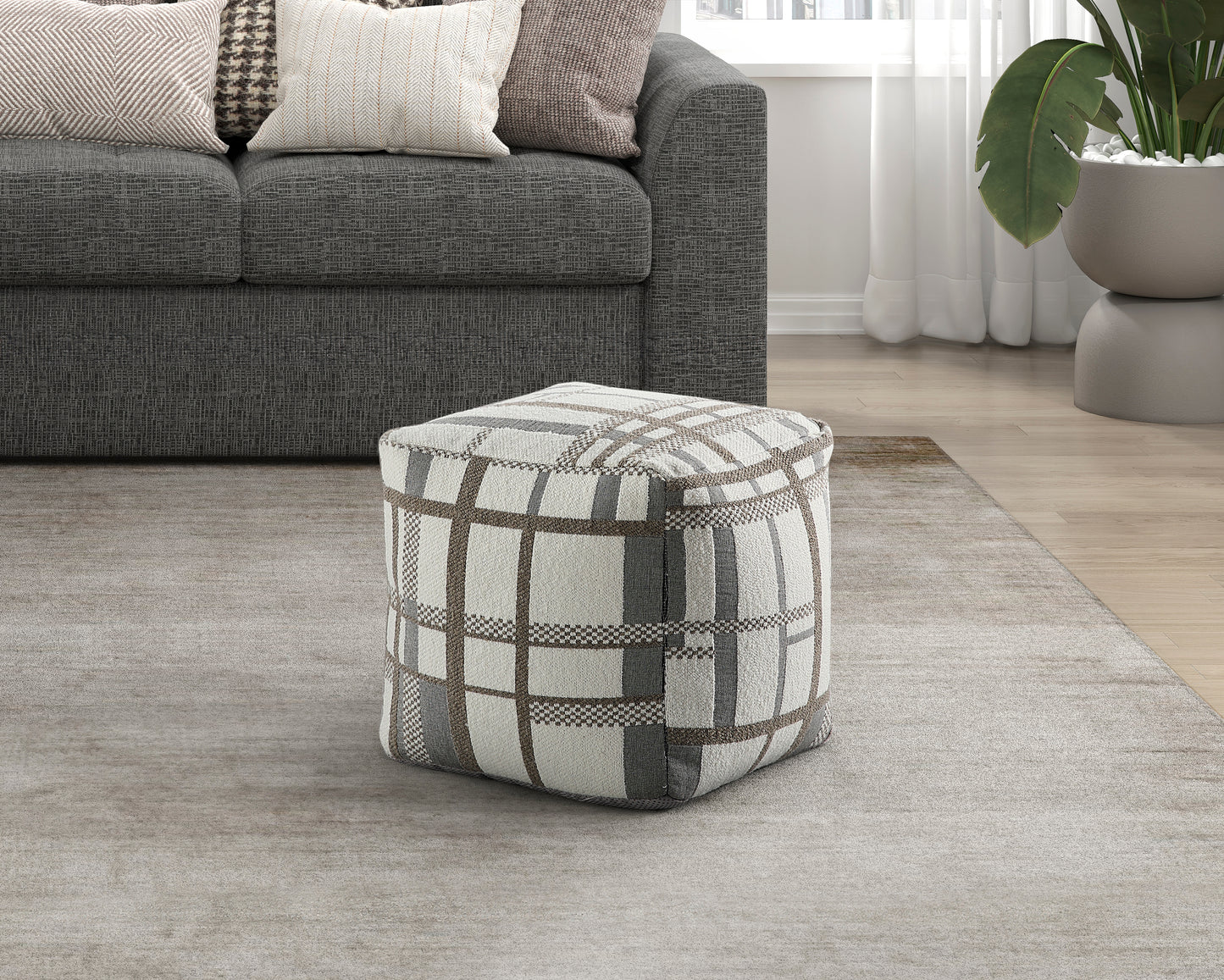 Square plaid ottoman in cream grey and brown ideal for footrest