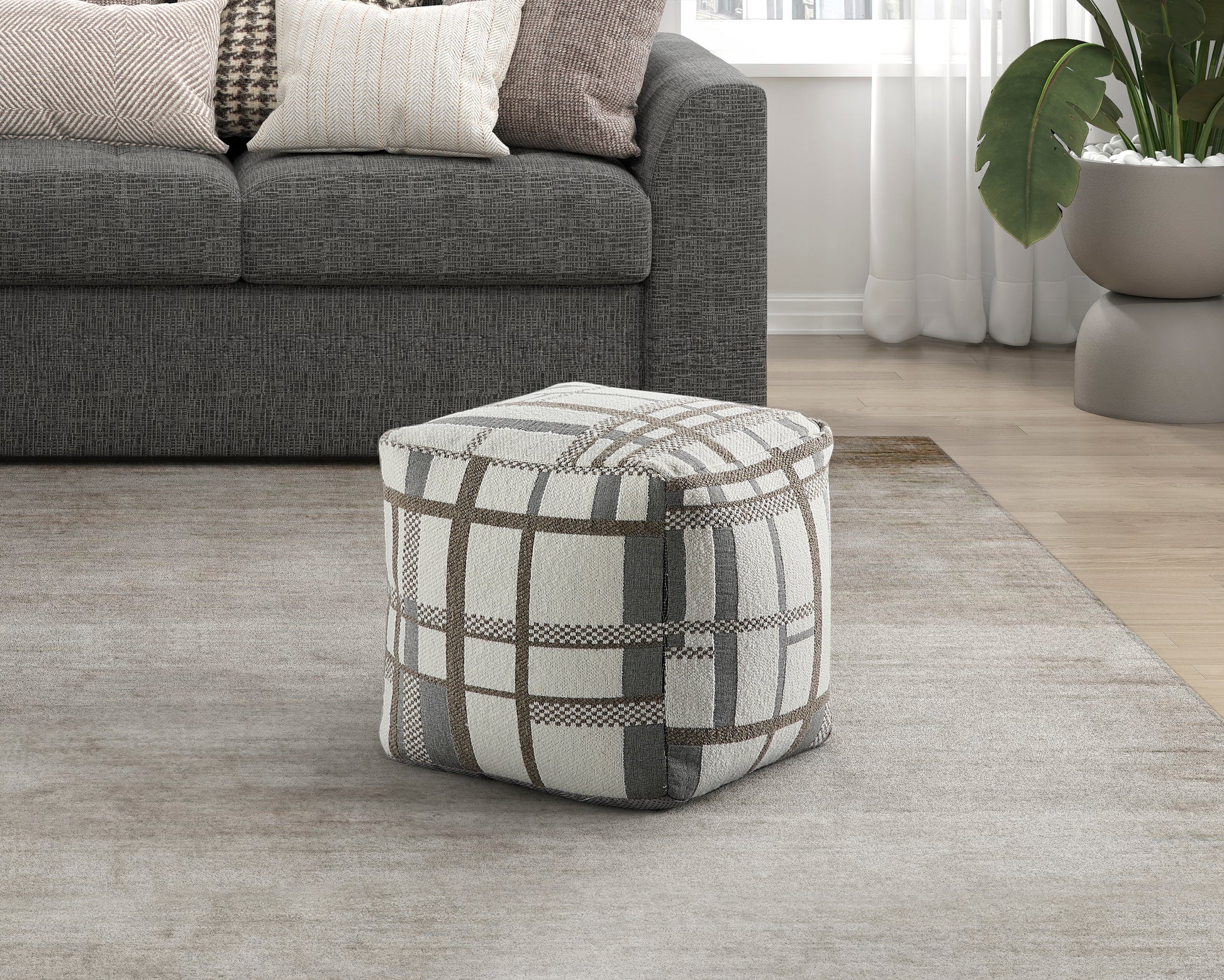 Square plaid ottoman in cream grey and brown ideal for footrest
