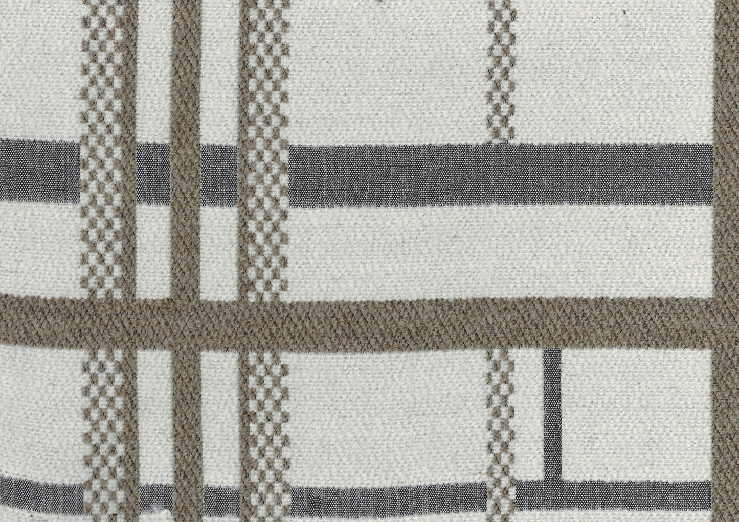 Closeup of textured white fabric with a woven plaid pattern in brown and grey stripes