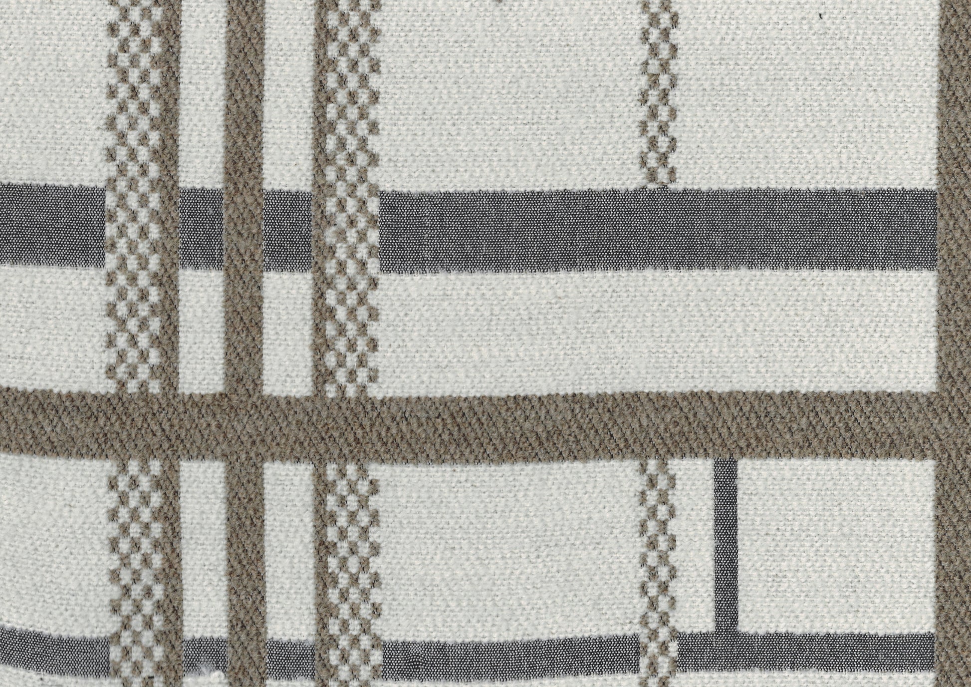 Closeup of textured white fabric with a woven plaid pattern in brown and grey stripes