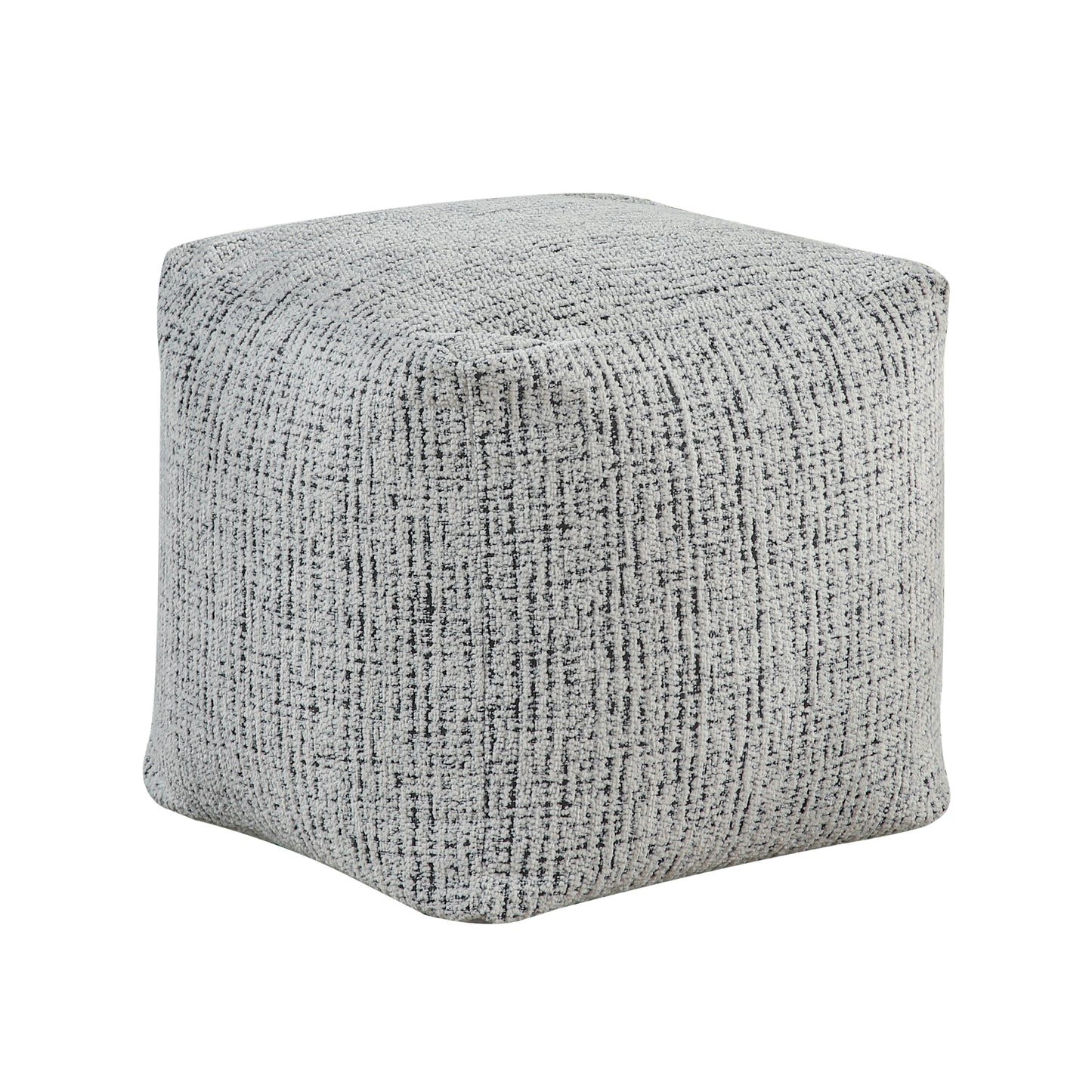 Textured cube ottoman in light gray and black flecked upholstery perfect for footrest