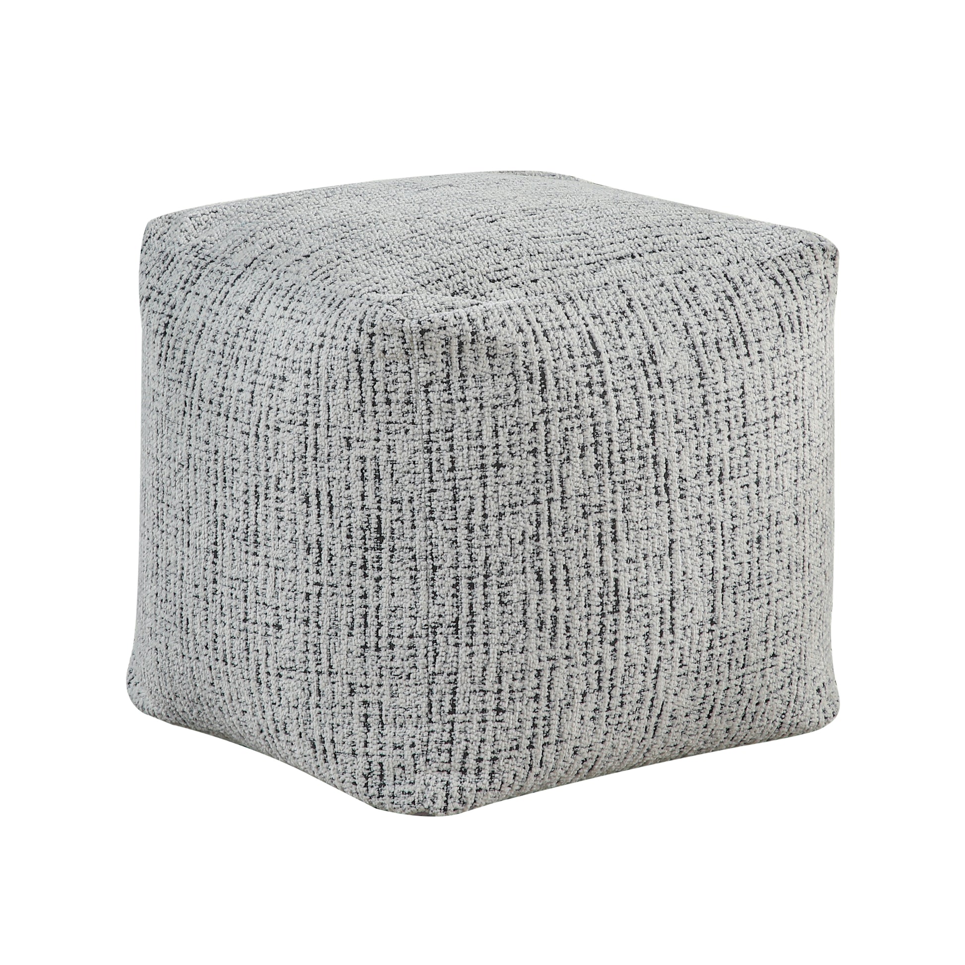 Textured cube ottoman in light gray and black flecked upholstery perfect for footrest