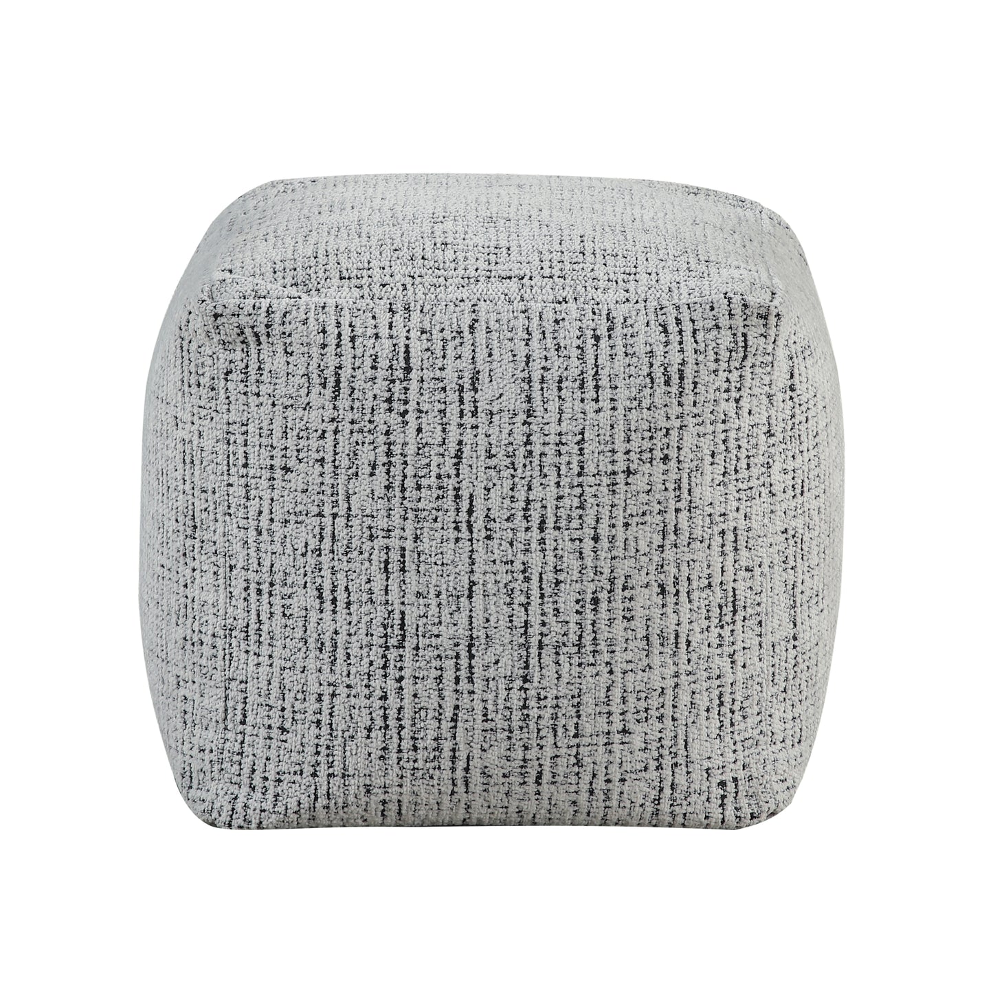 Cube pouf with textured grey and black fabric upholstery ideal for footrest
