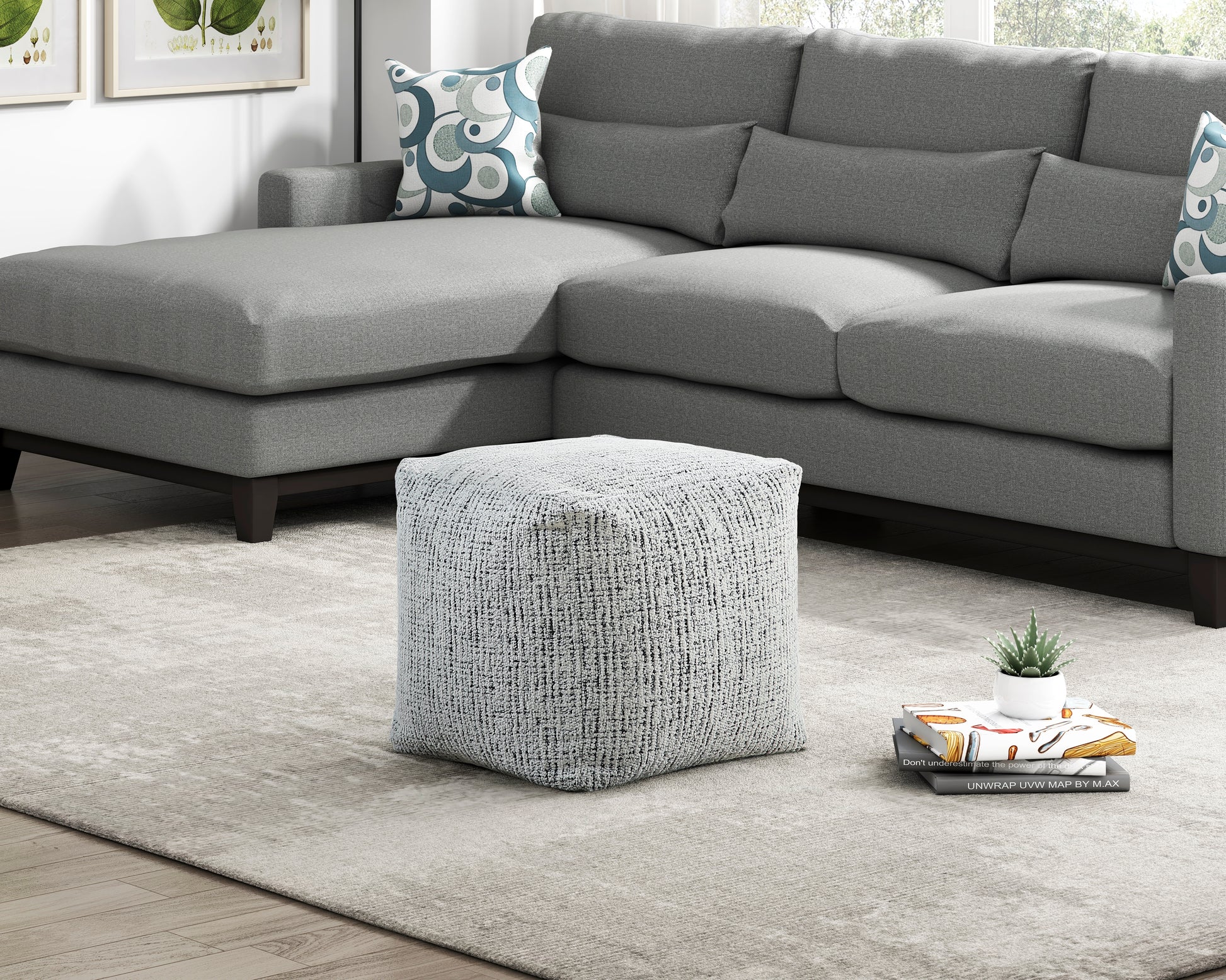 Textured cube ottoman with grey and white fabric perfect for modern living rooms