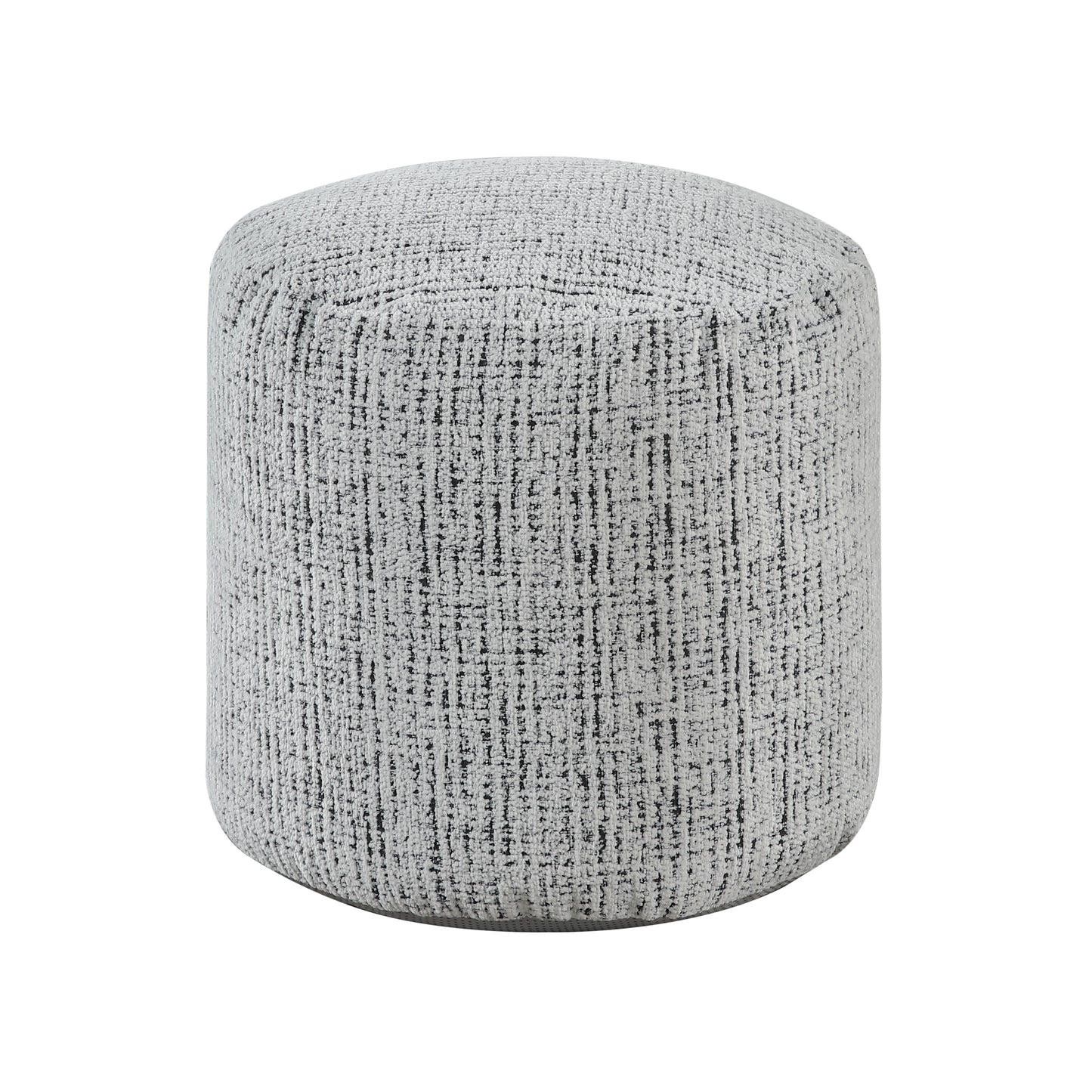 Round grey textured ottoman with black flecks ideal for living room seating