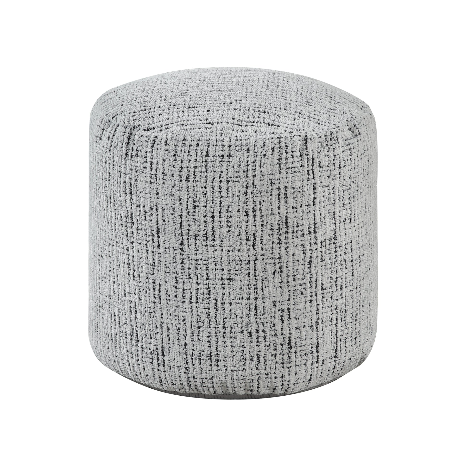 Round grey textured ottoman with black flecks ideal for living room seating