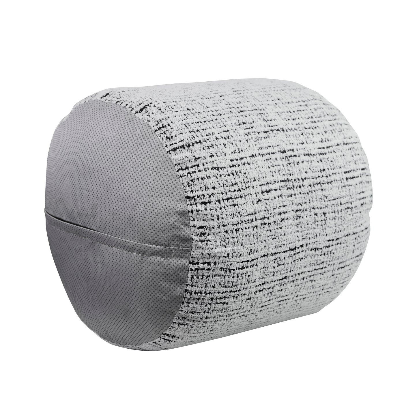 Round lumbar pillow with textured black and white fabric and grey mesh ends