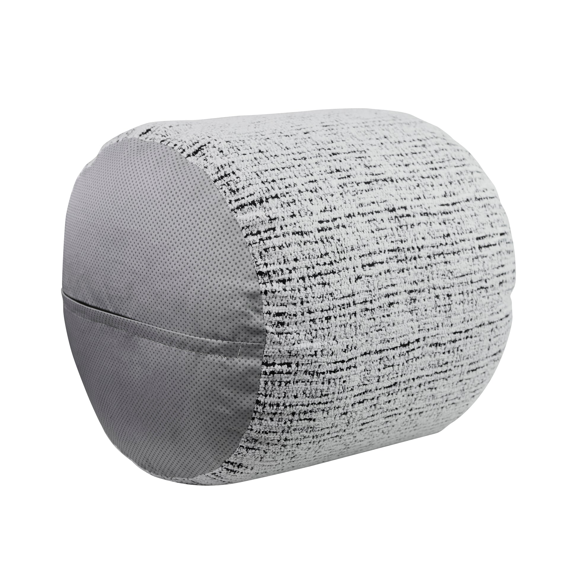 Round lumbar pillow with textured black and white fabric and grey mesh ends
