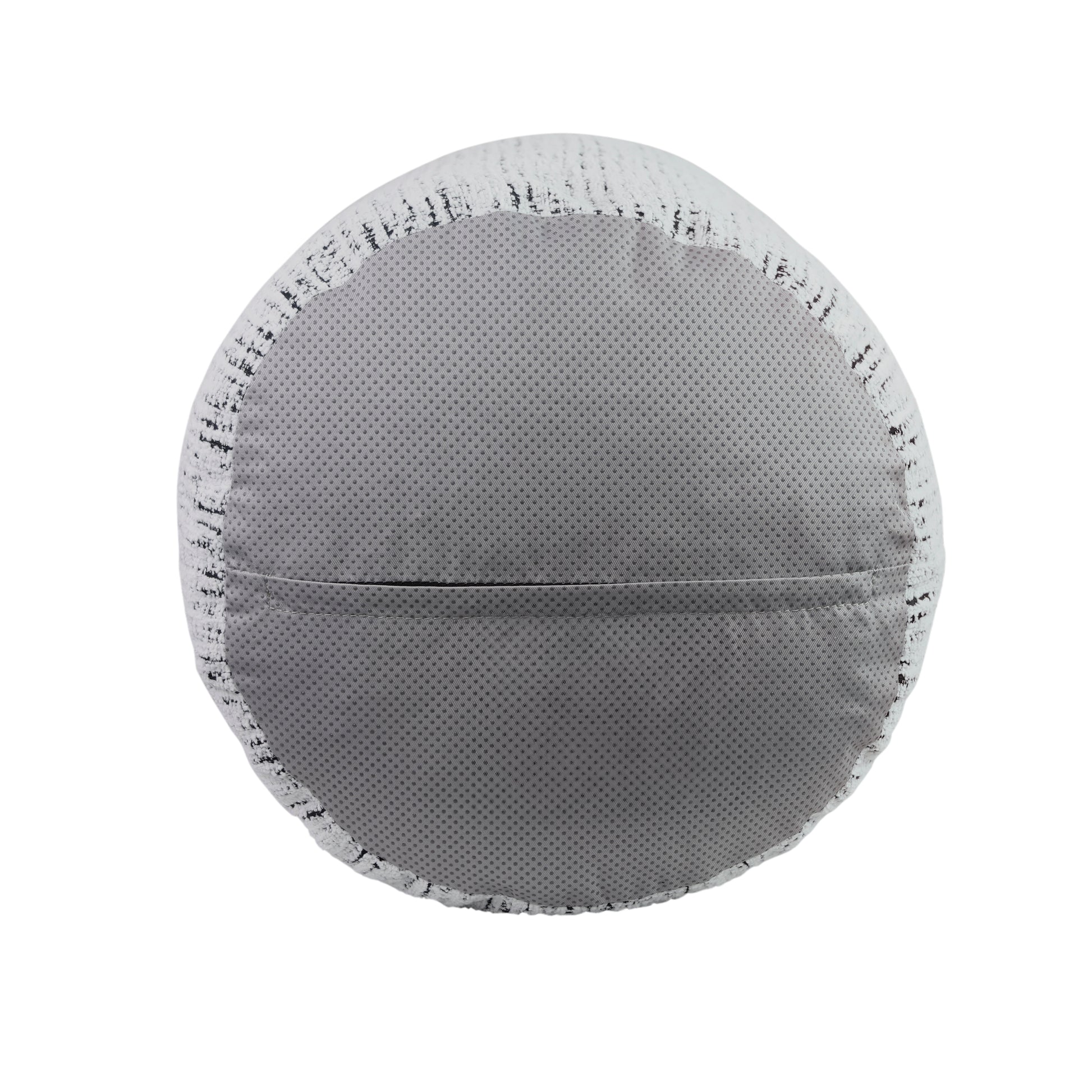 Round grey ottoman with textured white fabric trim and nonslip bottom