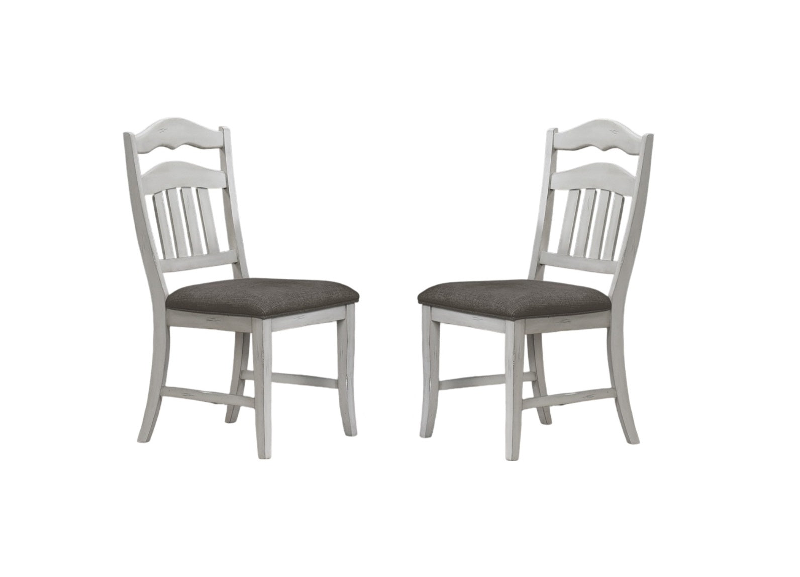 Two distressed white wooden dining chairs with charcoal upholstered seats