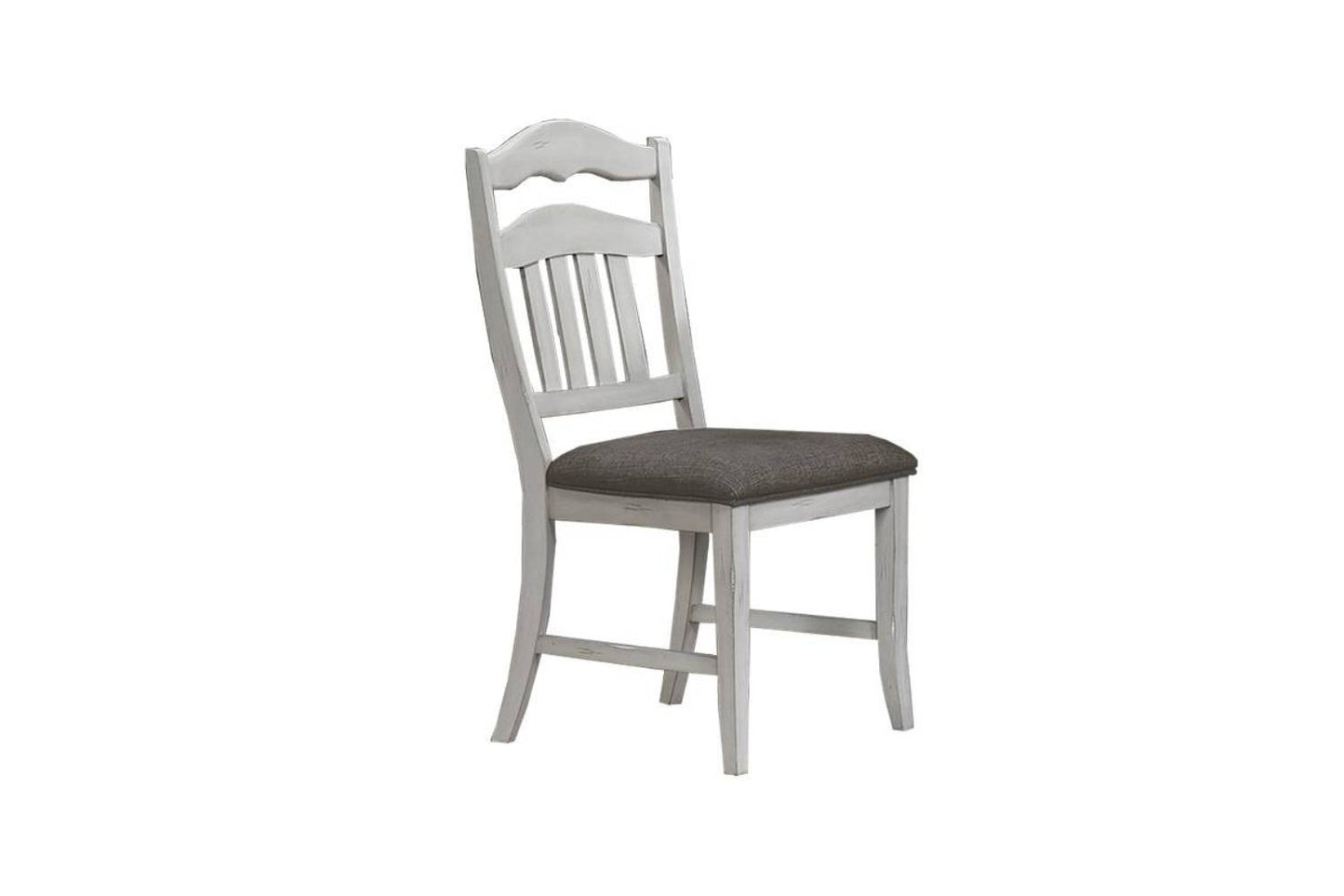 Distressed white wooden dining chair with grey fabric seat and spindle back