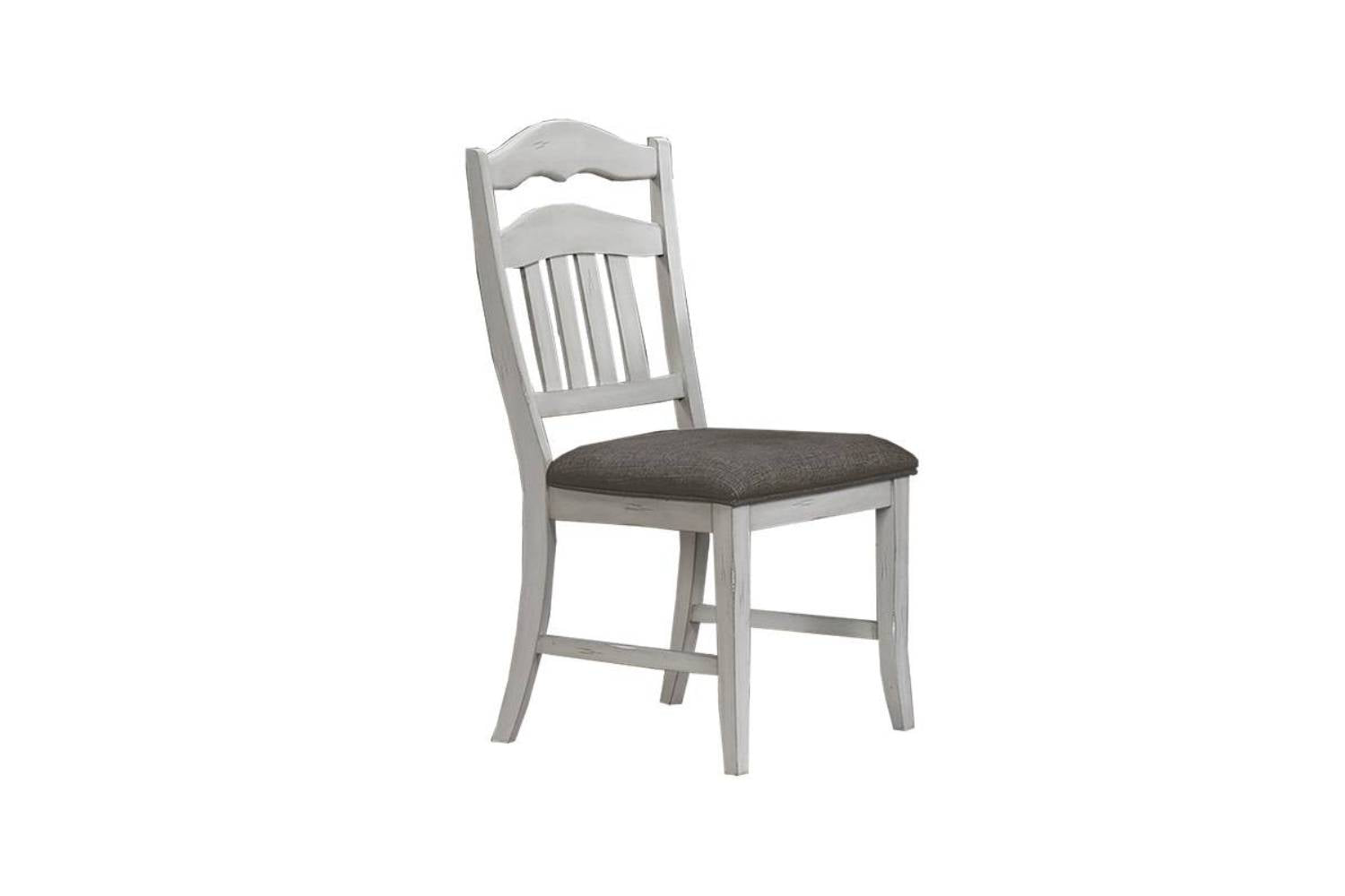 Distressed white wooden dining chair with grey fabric seat and spindle back