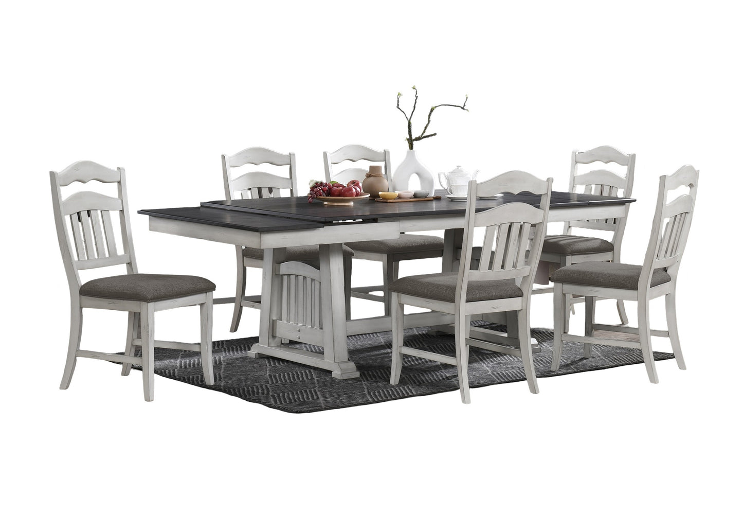 Farmhouse dining table and chairs set with distressed white wood frames and grey upholstered seats