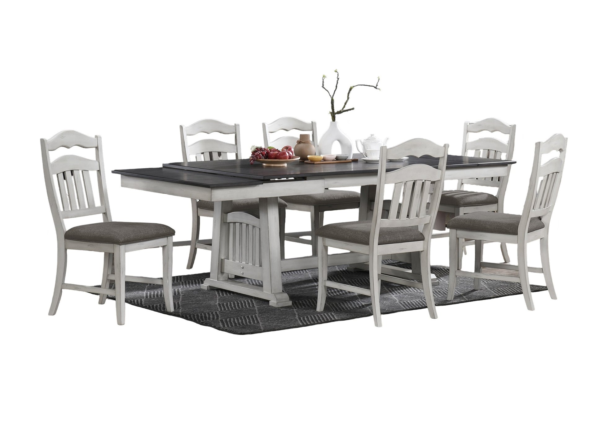 Farmhouse dining table and chairs set with distressed white wood frames and grey upholstered seats