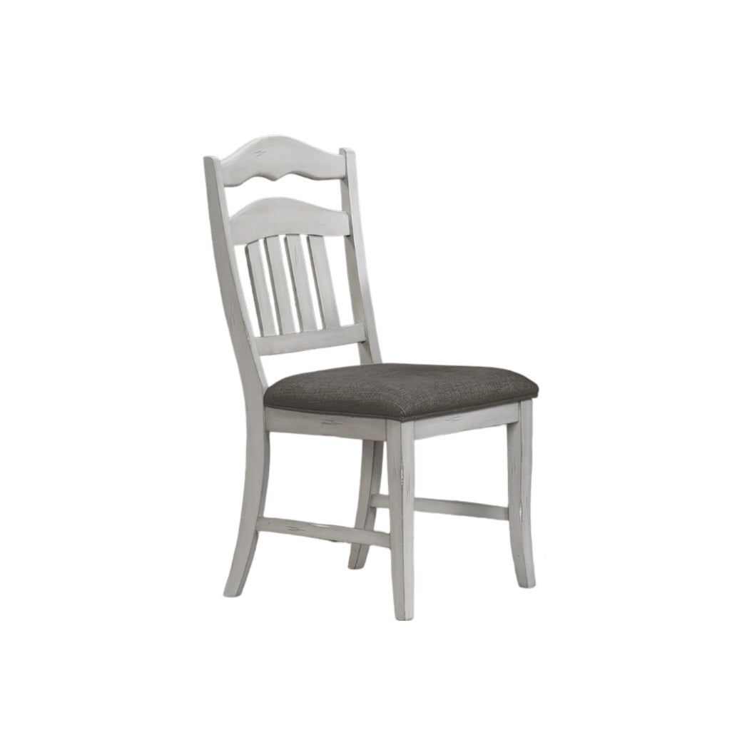 Distressed white wood dining chair with upholstered charcoal gray seat and slatted back