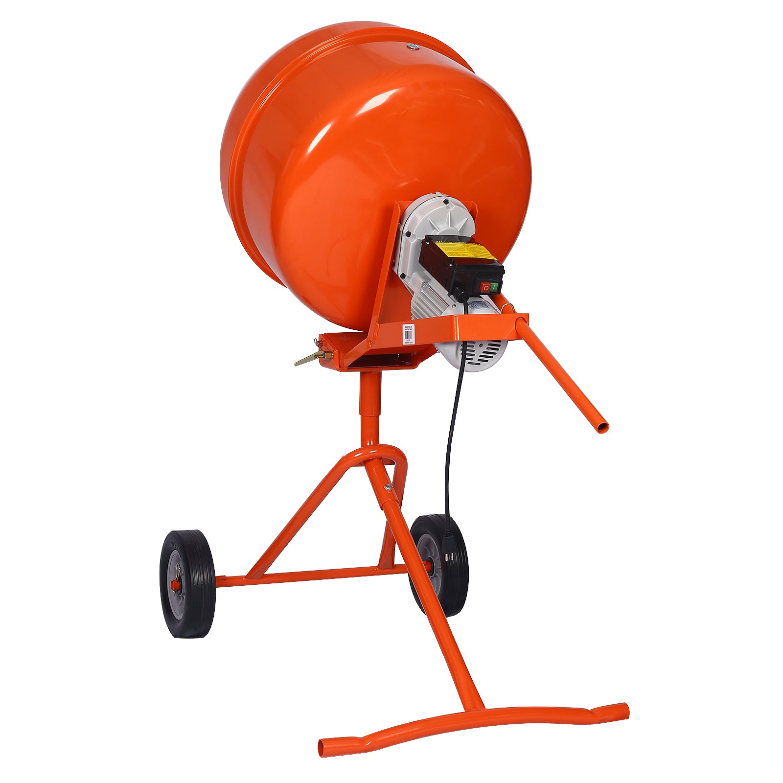 Orange portable cement mixer with electric motor on white background