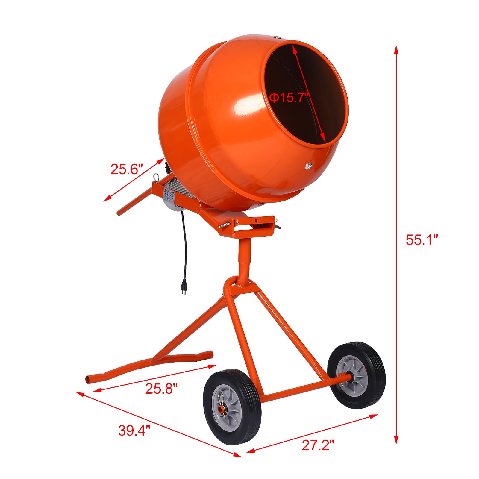 Orange portable cement mixer with two wheels and dimensions marked