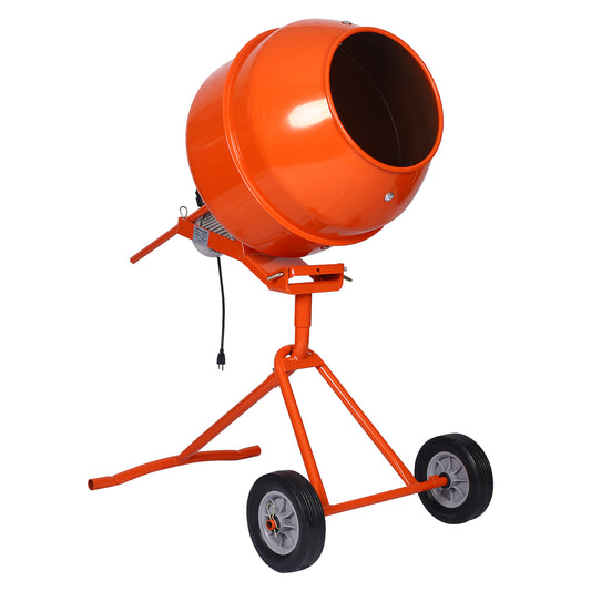 Orange portable cement mixer with sturdy stand and wheels for construction sites