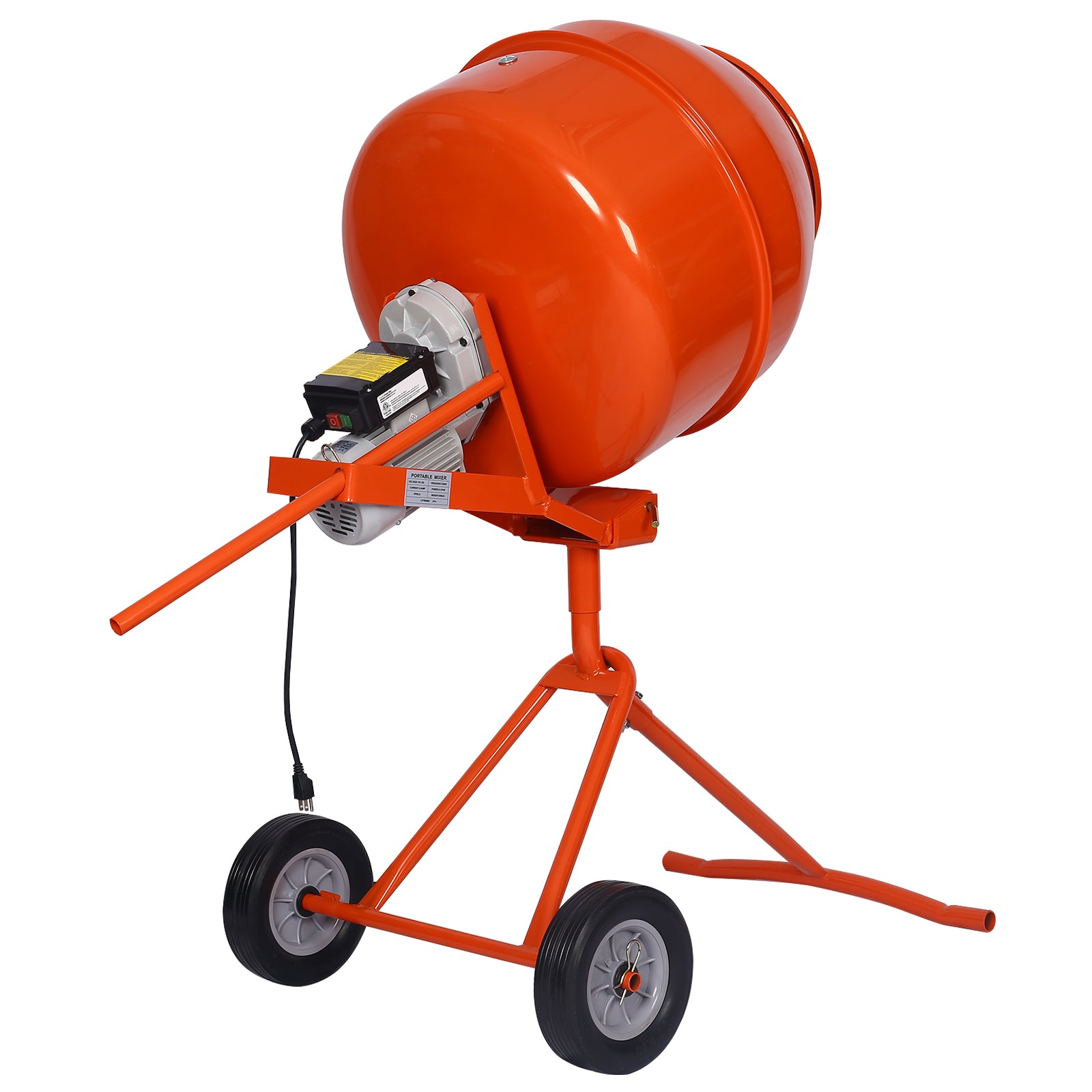 Orange electric concrete mixer with black wheels for construction sites