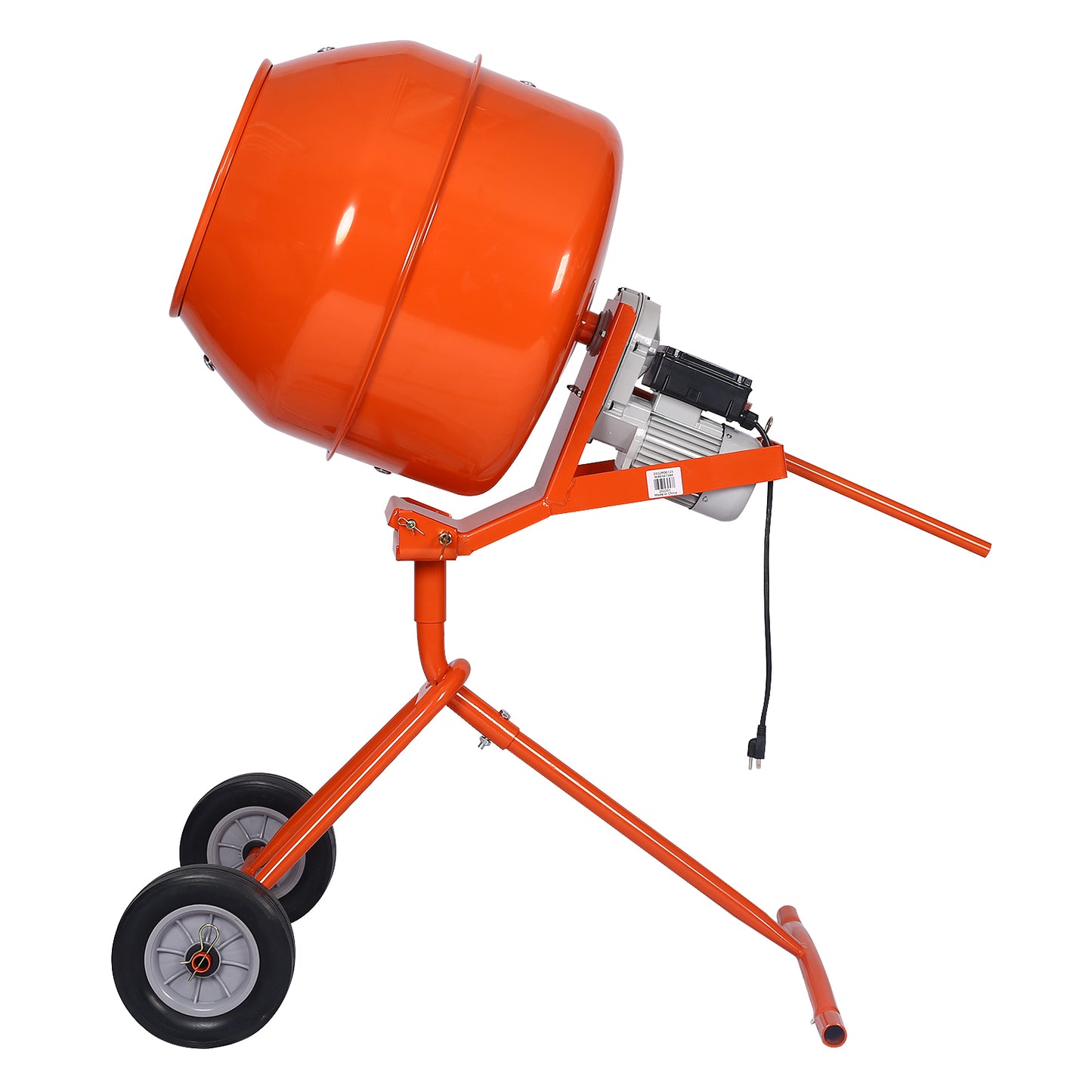 Orange portable cement mixer with motor and wheels ideal for construction projects