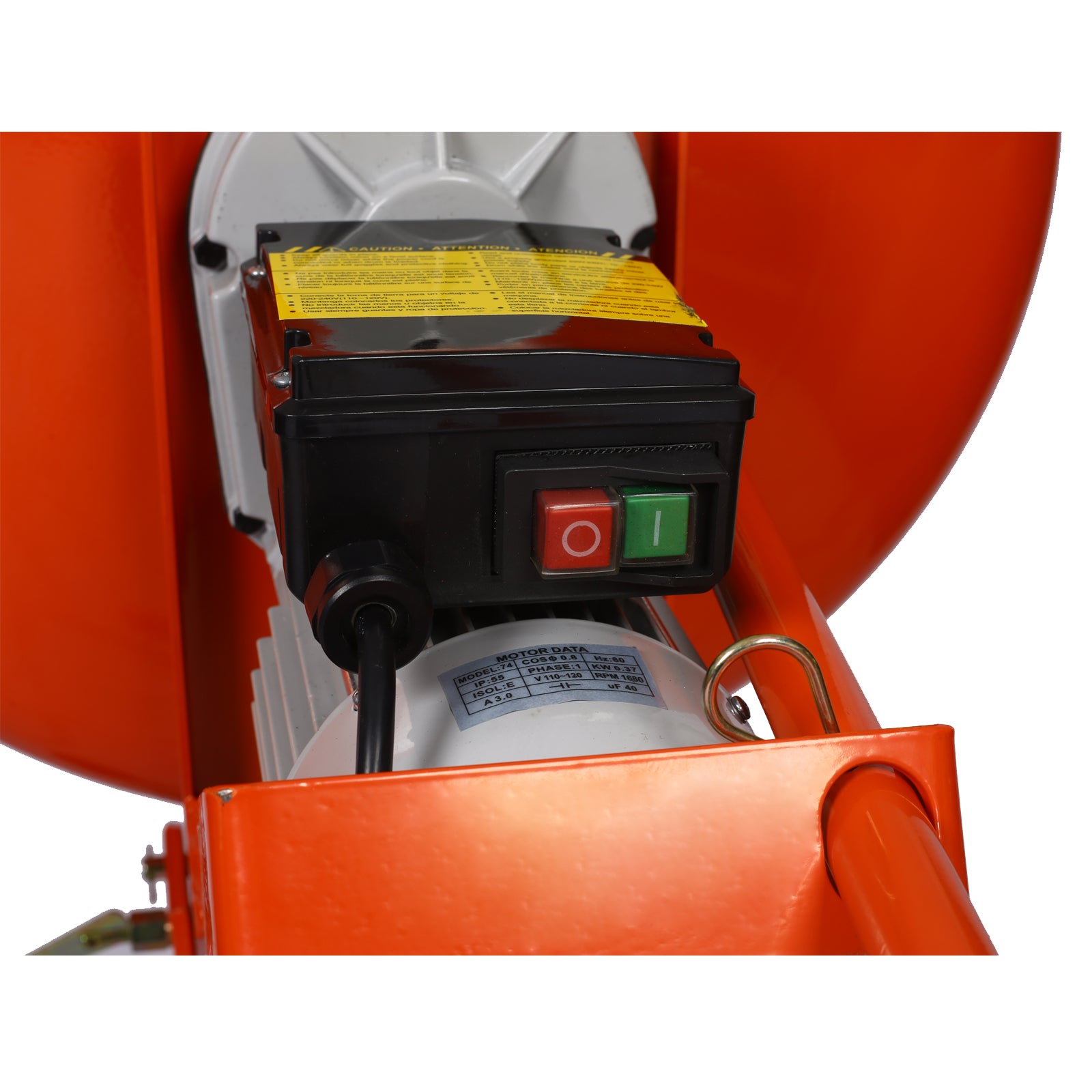 Closeup of orange metal cutting saw motor with power switch and data label