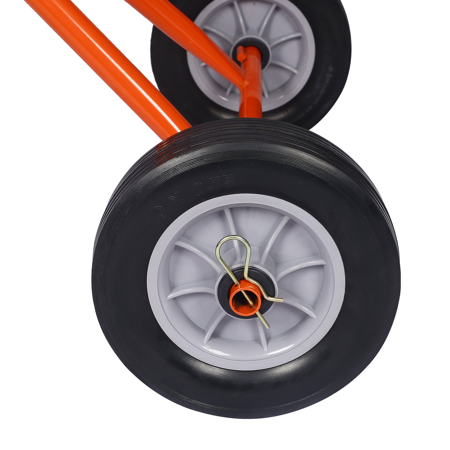 Orange metal hand truck with two black pneumatic tires and gray wheels