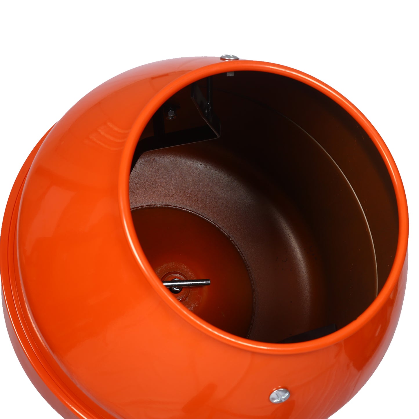 Orange portable cement mixer drum with metal paddle visible inside