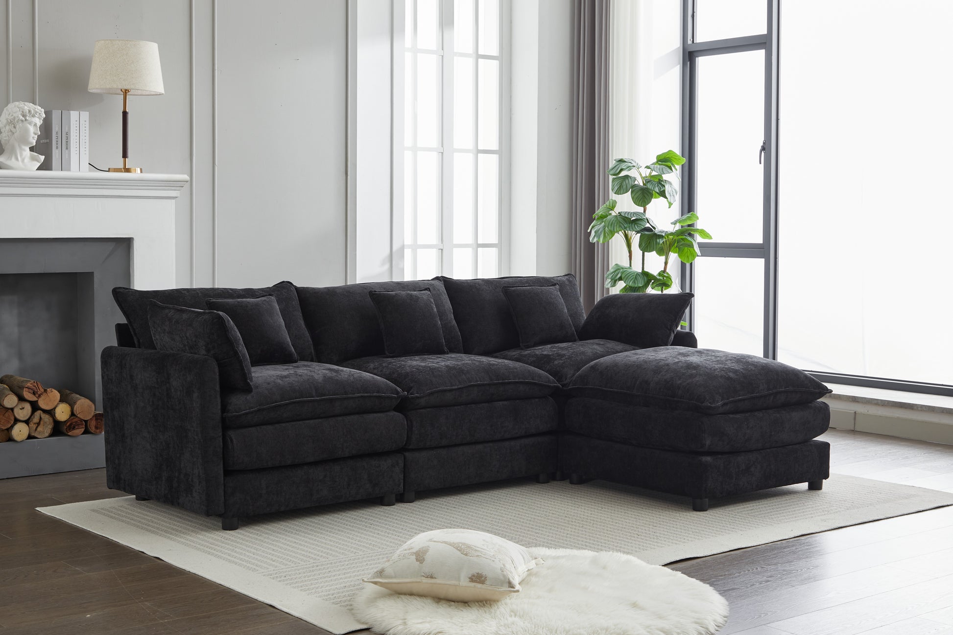 Plush charcoal grey sectional sofa with deep cushions and chaise for modern living room comfort