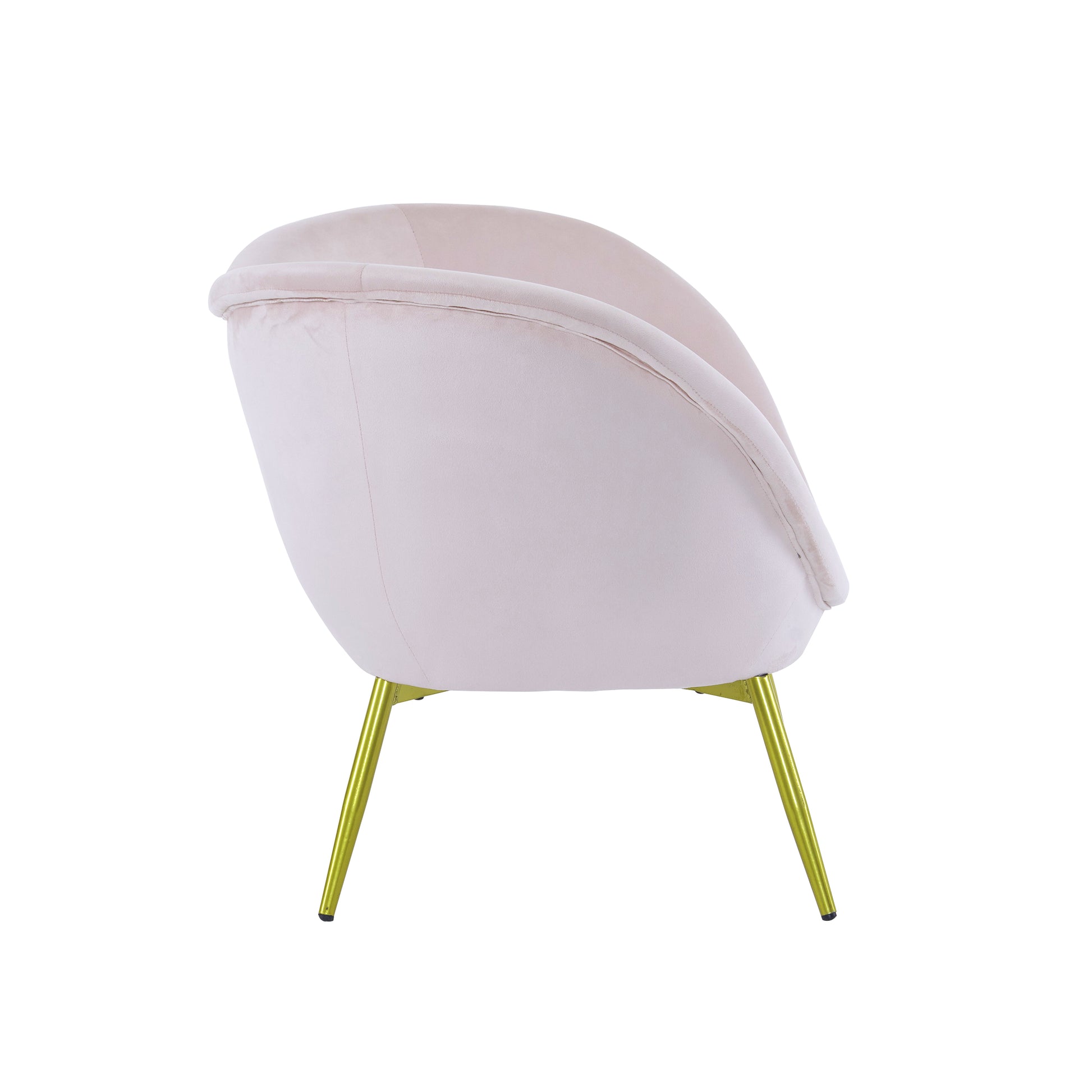 Pale pink velvet accent chair with gold legs and a rounded design