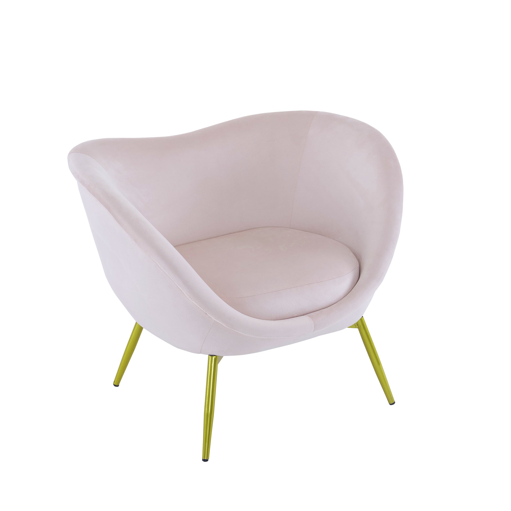 Pale pink velvet accent chair with sleek gold legs