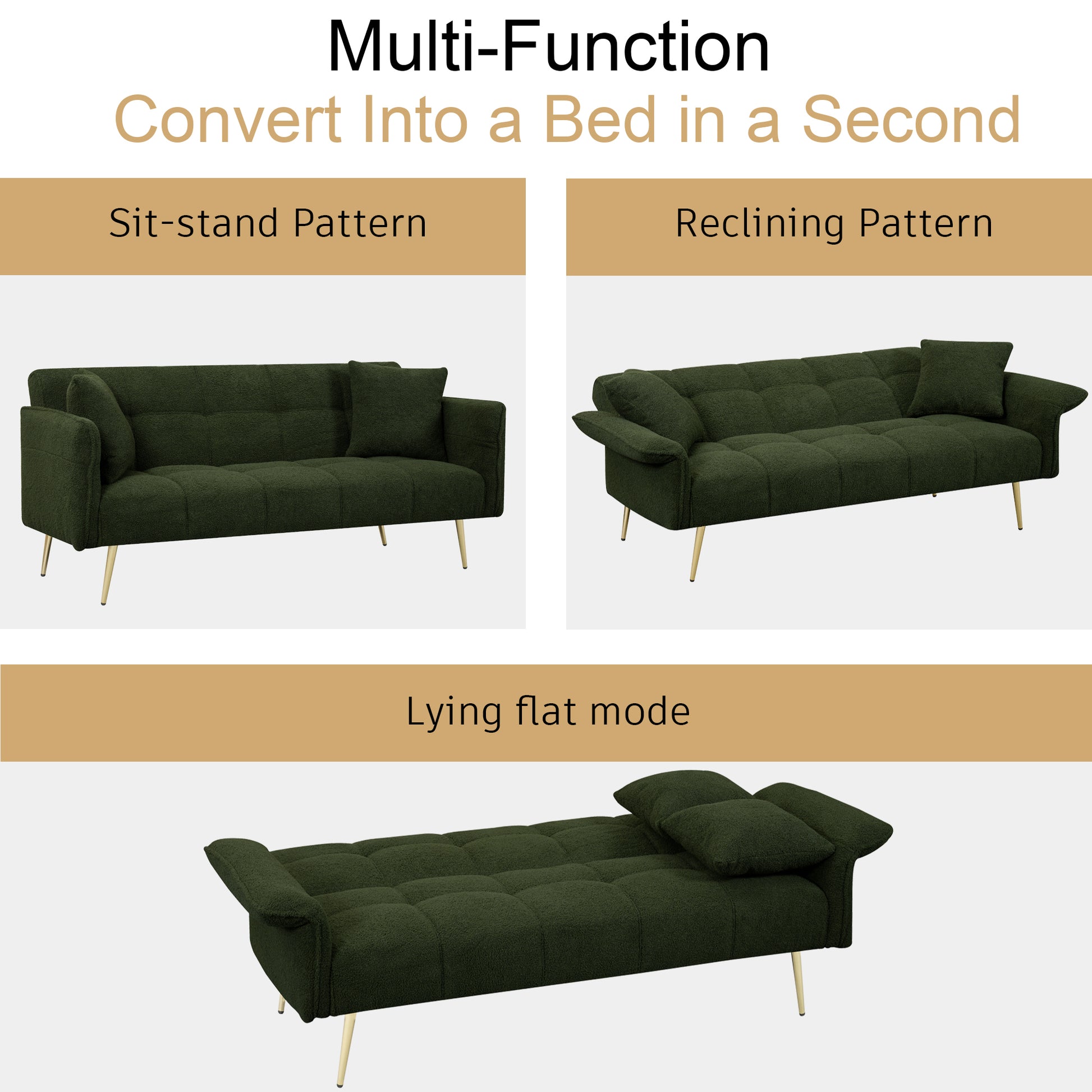 Green textured fabric sofa in sitstand mode with gold legs