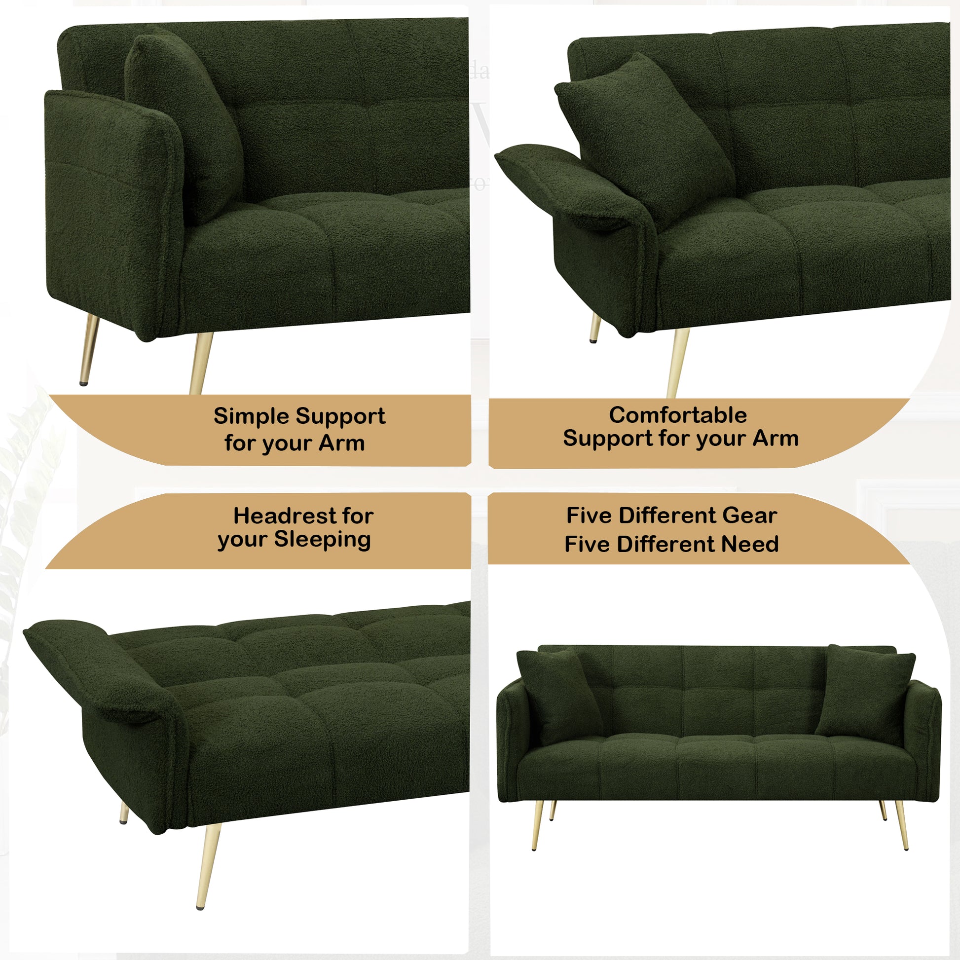 Deep green boucle fabric sofa with tufted cushions and gold legs