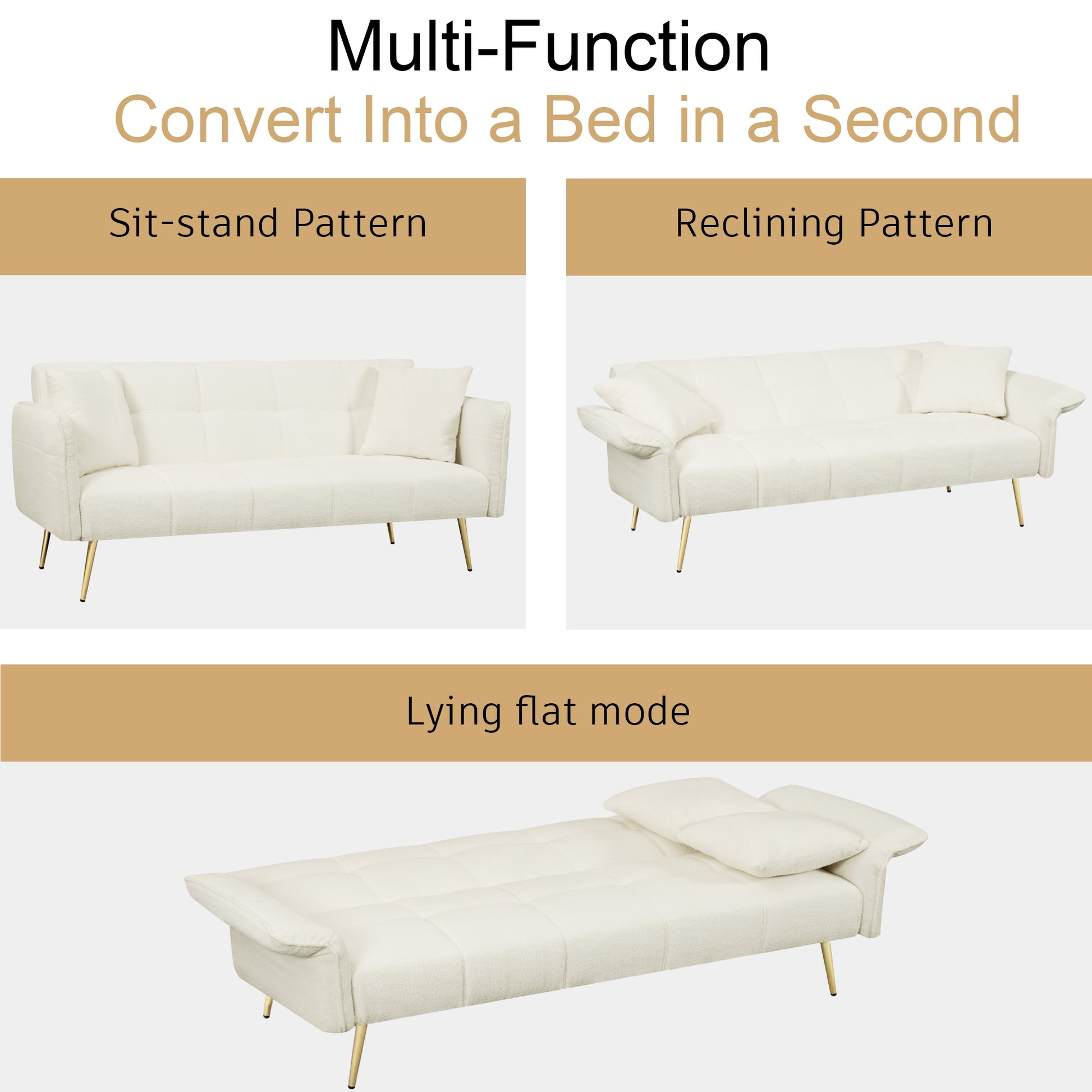 Cream white textured sofa in sitstand position with gold legs