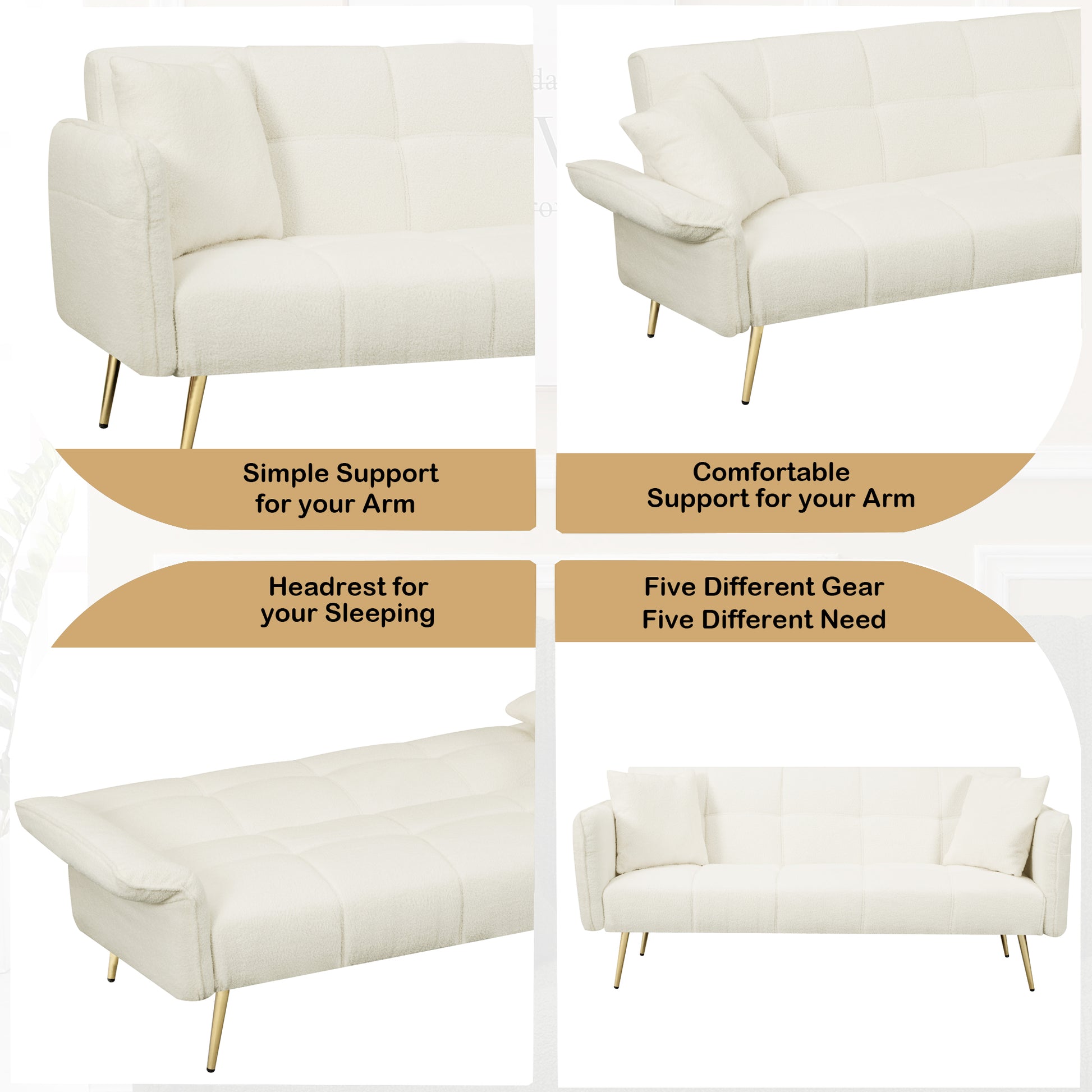 Cream boucle fabric sofa with gold legs and tufted cushions