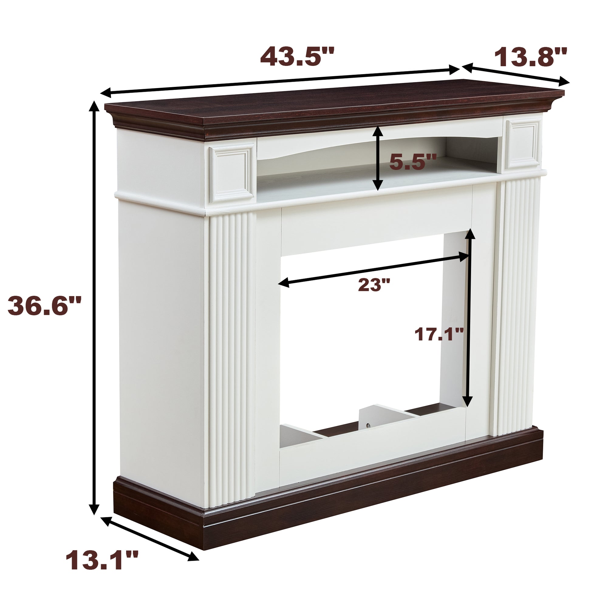 White electric fireplace mantel with dark wood top dimensions W x D x H