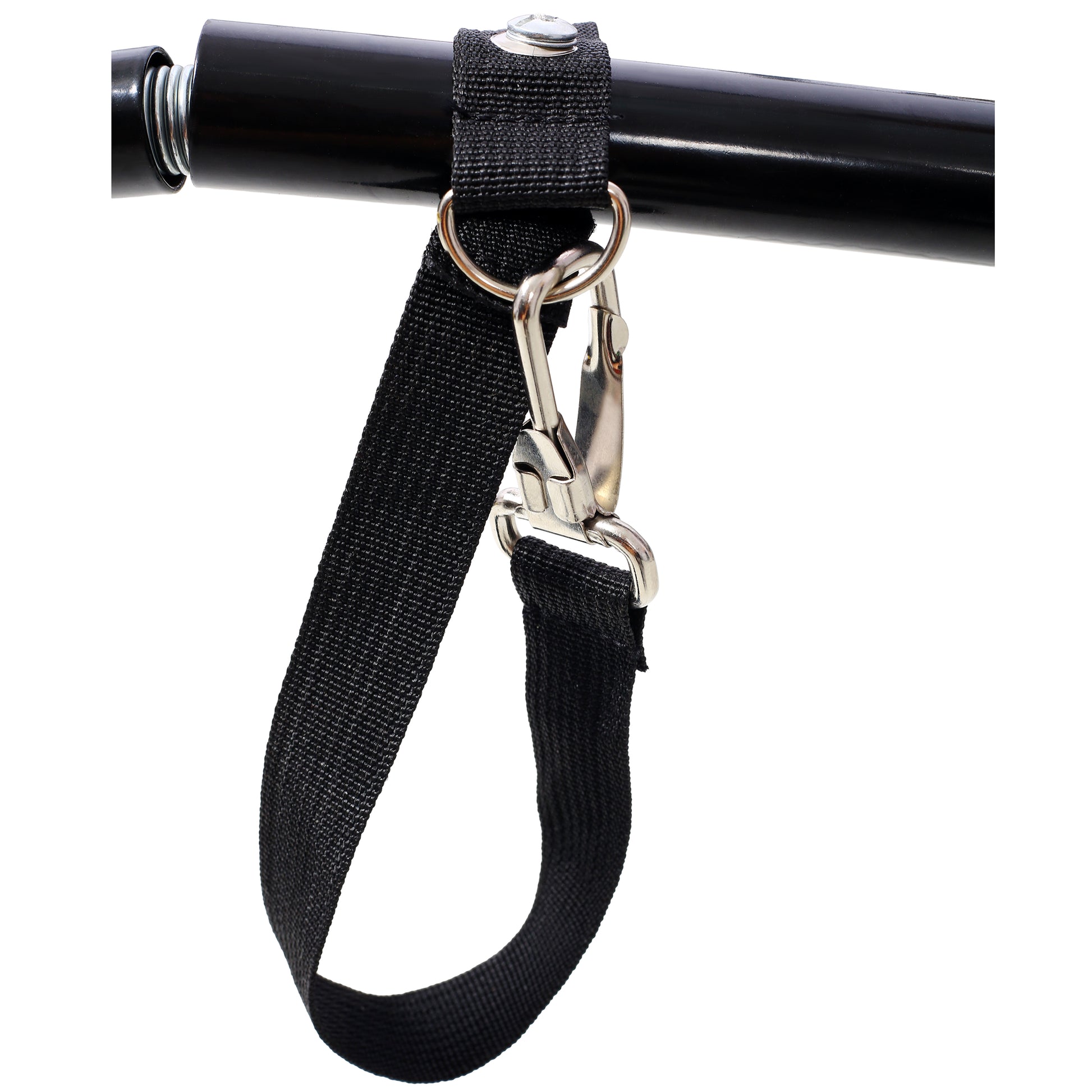 Black nylon strap with metal clasp attached to a shiny black bar part of a pullup bar system