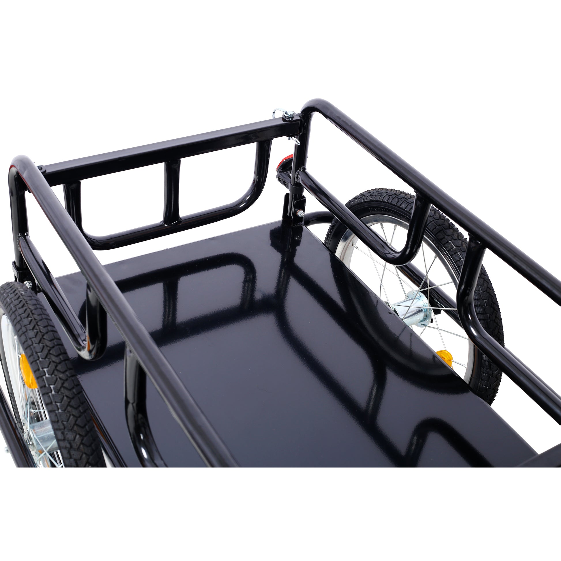 Black metal utility bicycle trailer frame with black tires and silver spokes