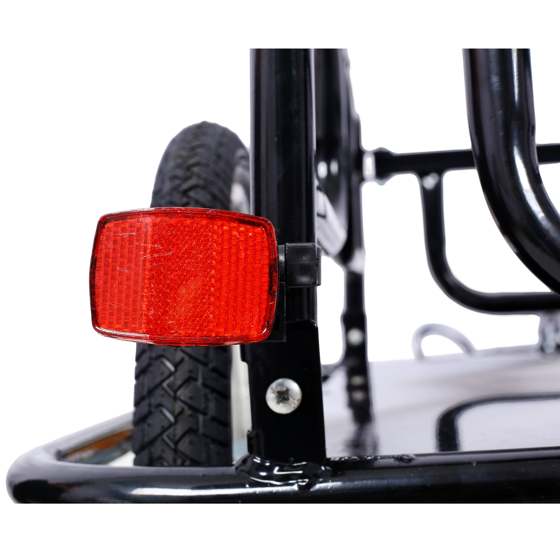 Red rectangular bike reflector attached to black frame essential for night cycling safety