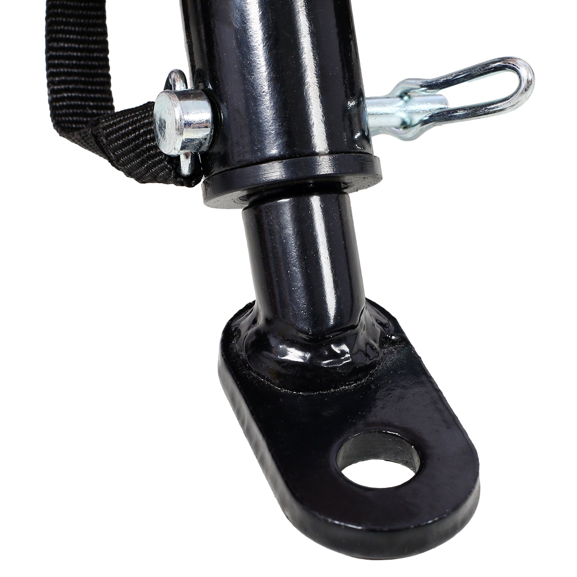 Closeup of black steel bicycle hitch with zincplated pin and nylon strap