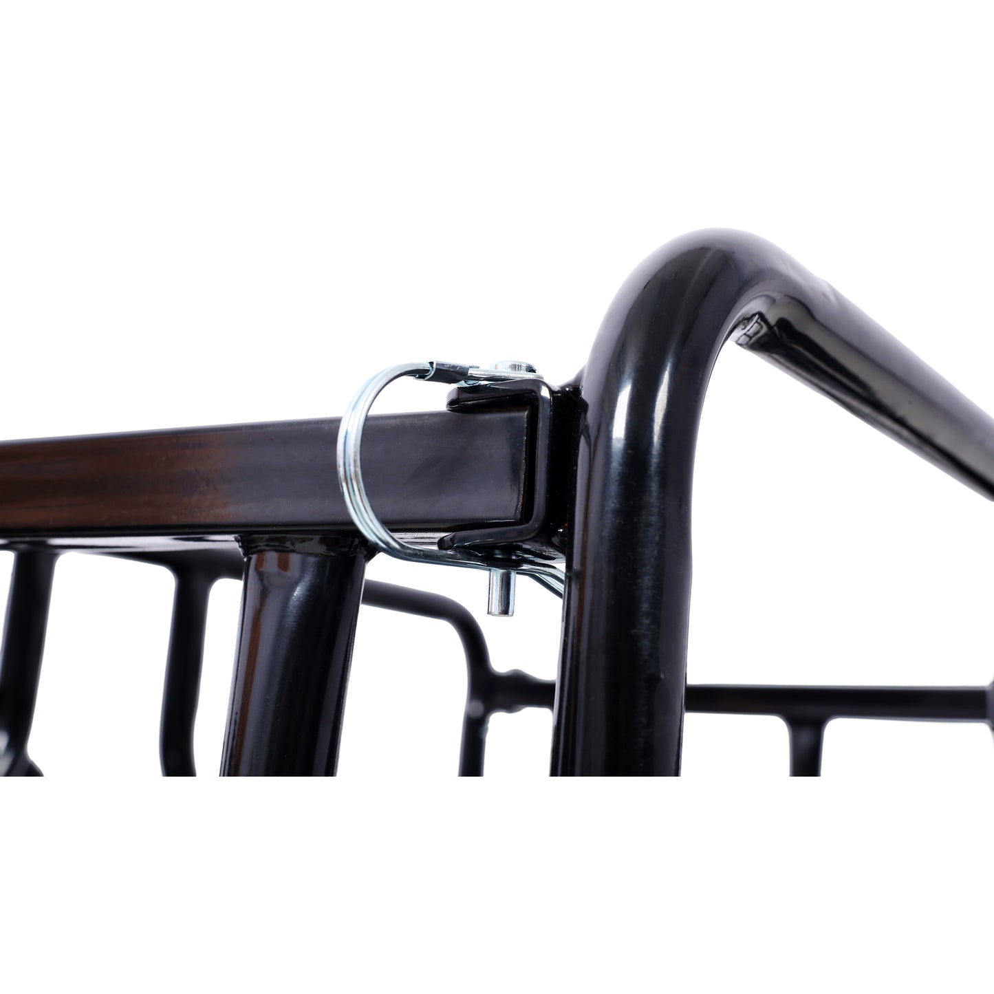 Black metal frame with secure pin for swing chair assembly