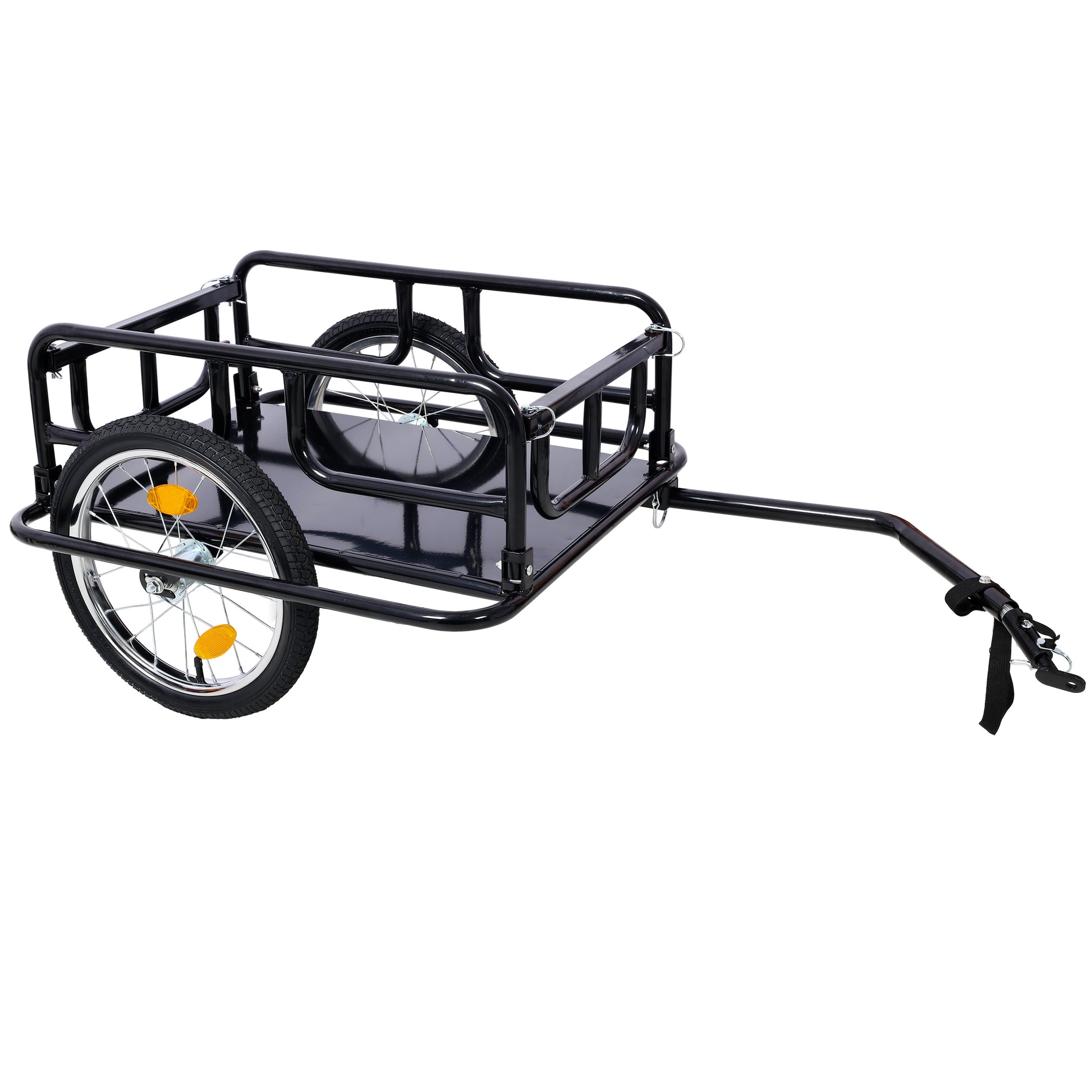 Black metal bicycle cargo trailer with two wheels and tow hitch