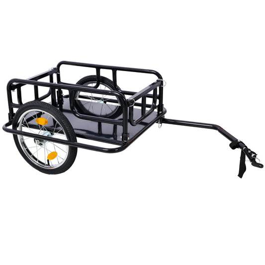 Black metal bicycle cargo trailer with two wheels and tow hitch