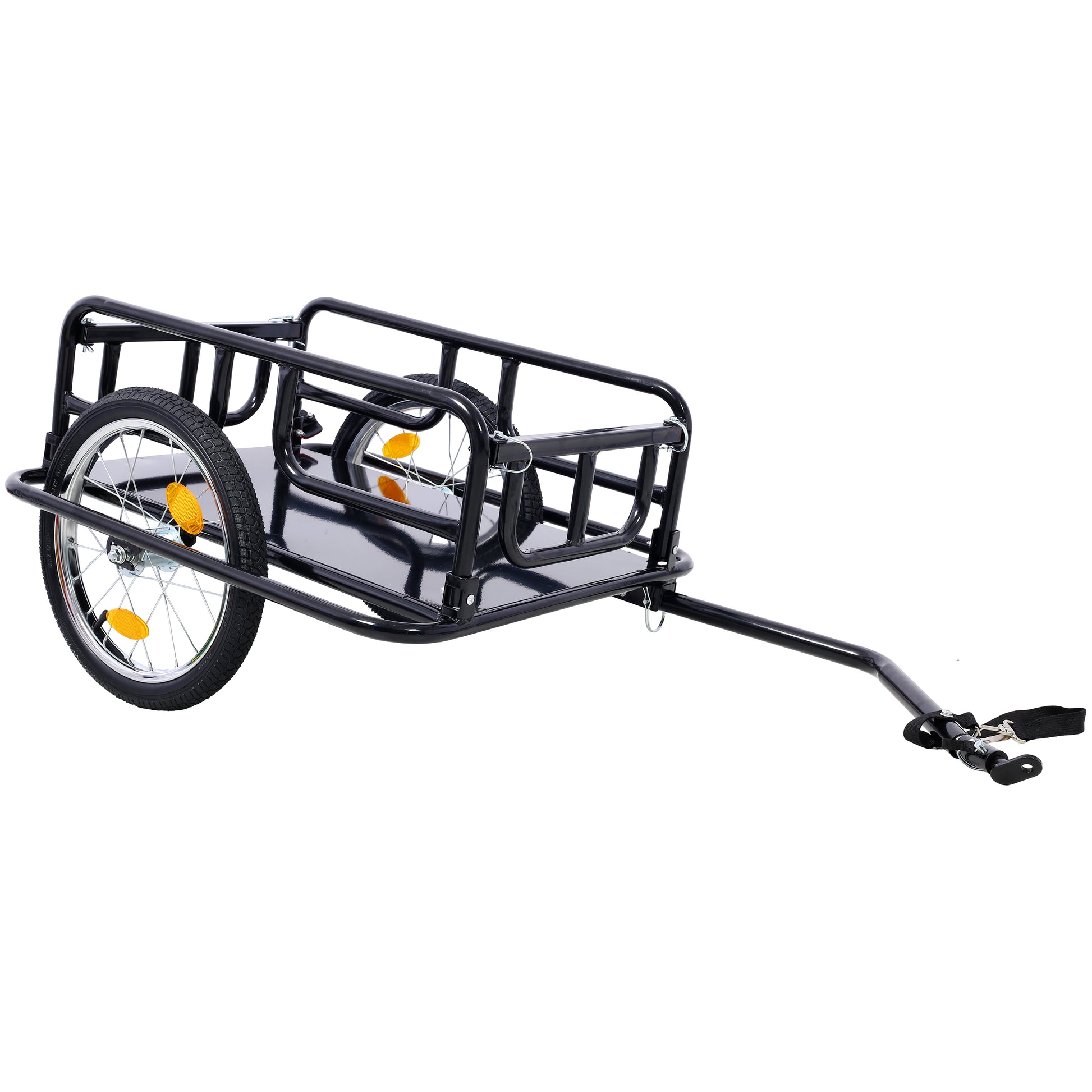 Black metal bicycle cargo trailer with one wheel and hitch for transport
