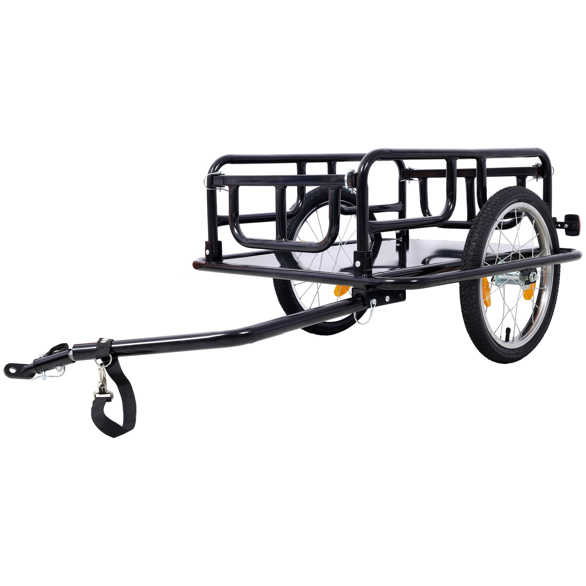 Black metal bicycle cargo trailer with two wheels and a towing arm perfect for hauling