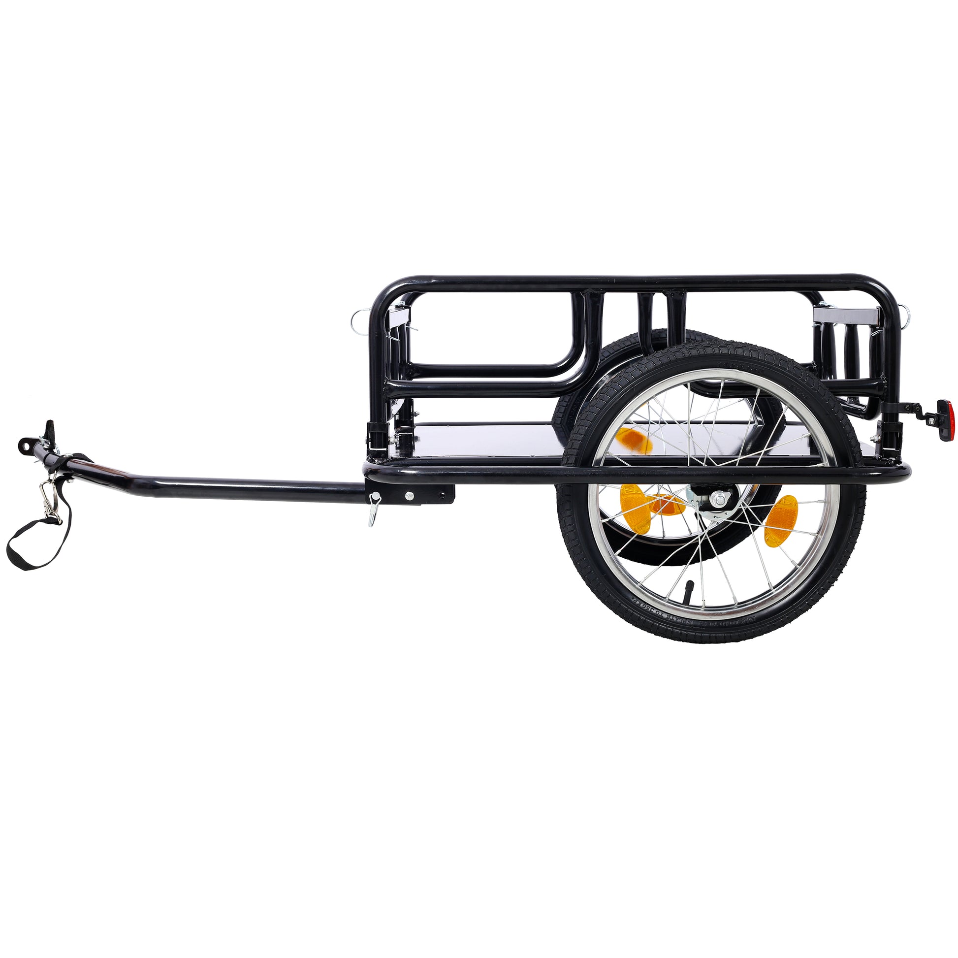 Black metal bicycle cargo trailer with two wheels and cargo rack