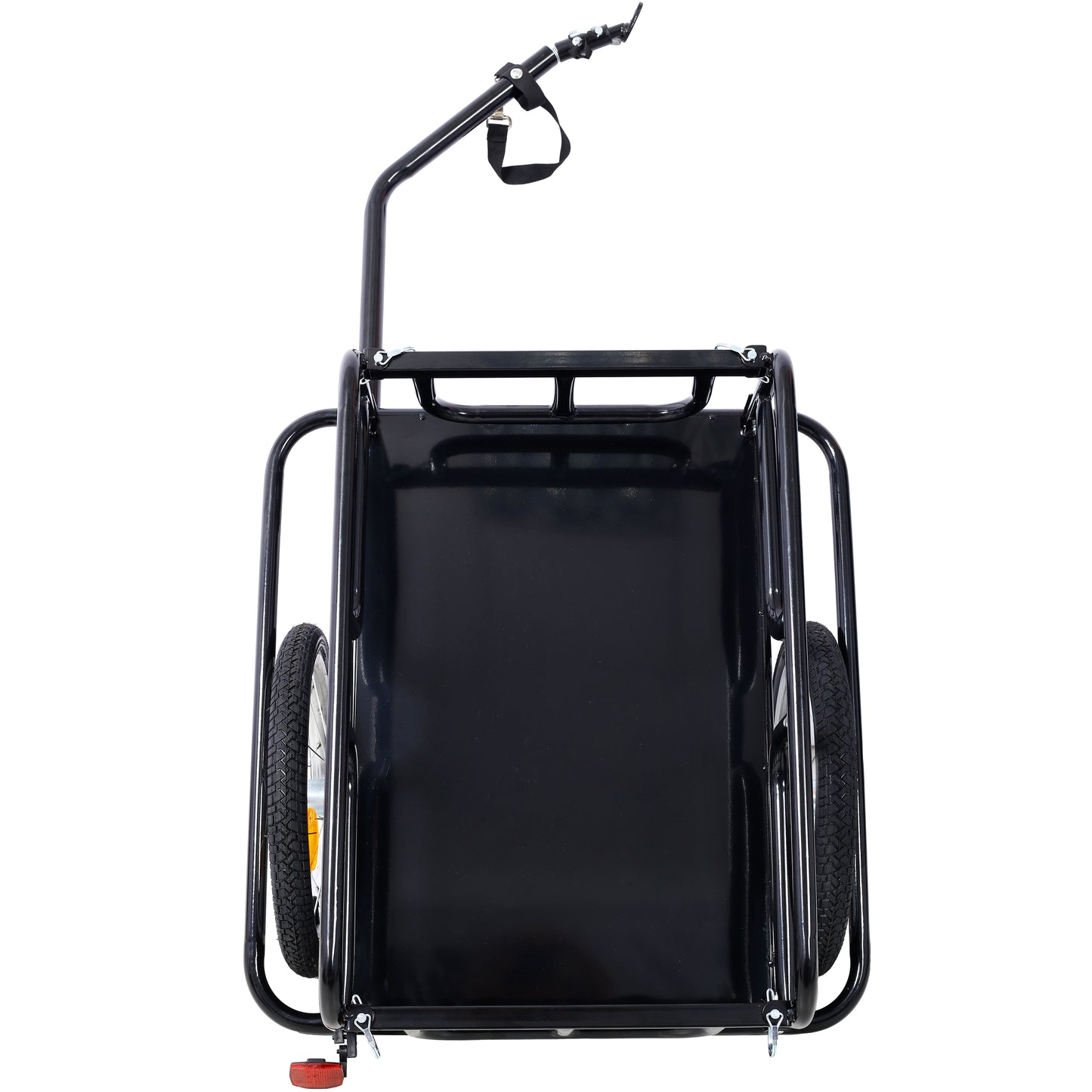 Black bicycle cargo trailer with two wheels and a towing hitch ideal for hauling gear