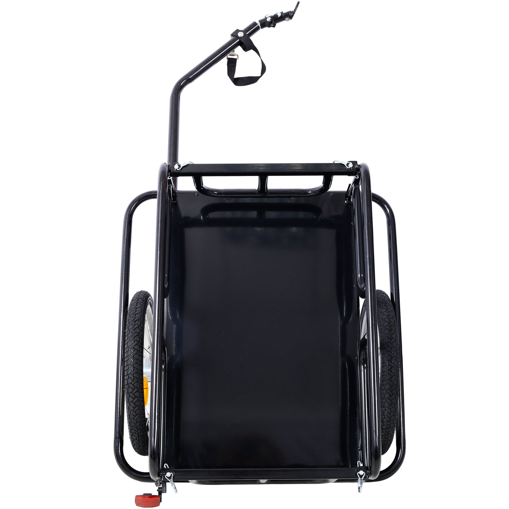 Black bicycle cargo trailer with two wheels and a towing hitch ideal for hauling gear