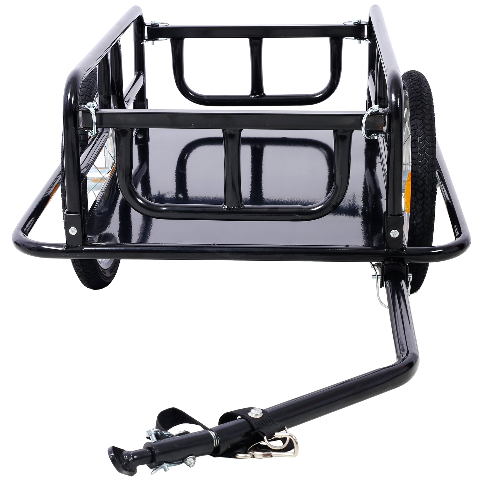 Black steel bicycle cargo trailer with wide tires and hitch for hauling goods