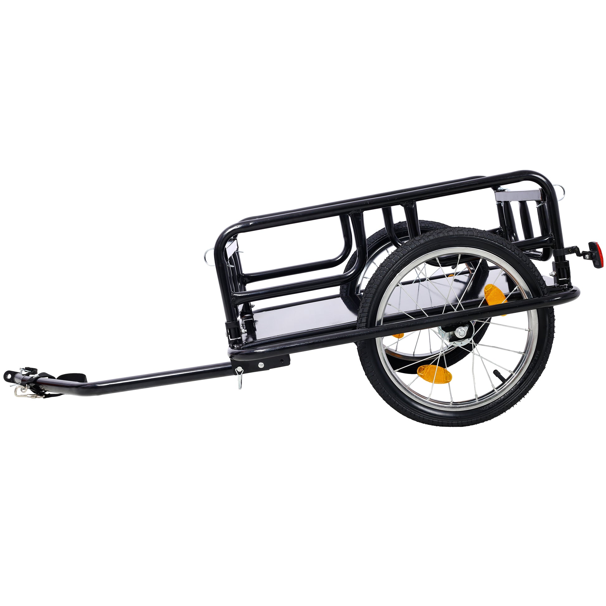 Black metal cargo trailer for bikes with a luggage rack and reflector
